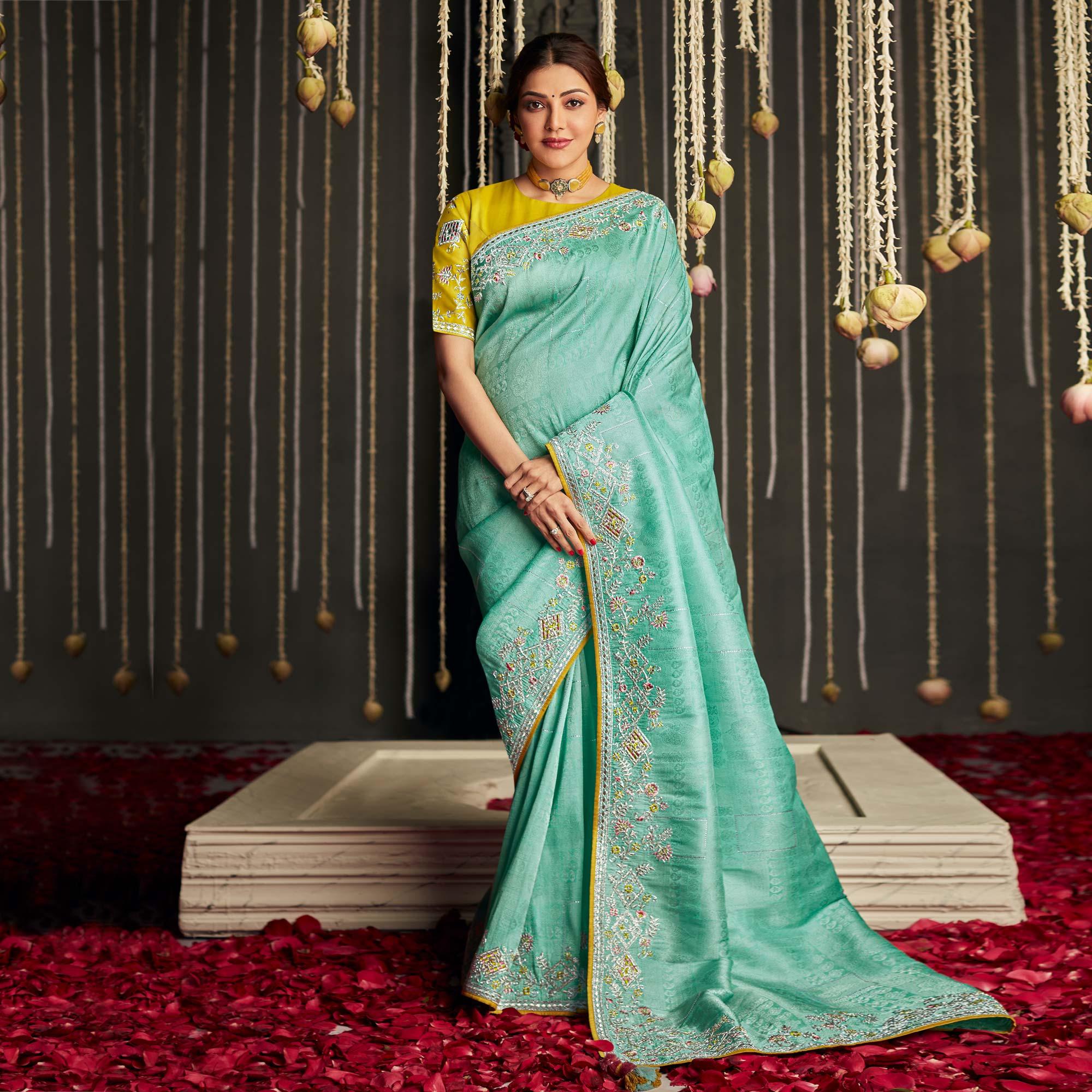 Blue Embroidered Art Silk Saree With Tassels - Peachmode