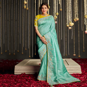 Blue Embroidered Art Silk Saree With Tassels - Peachmode