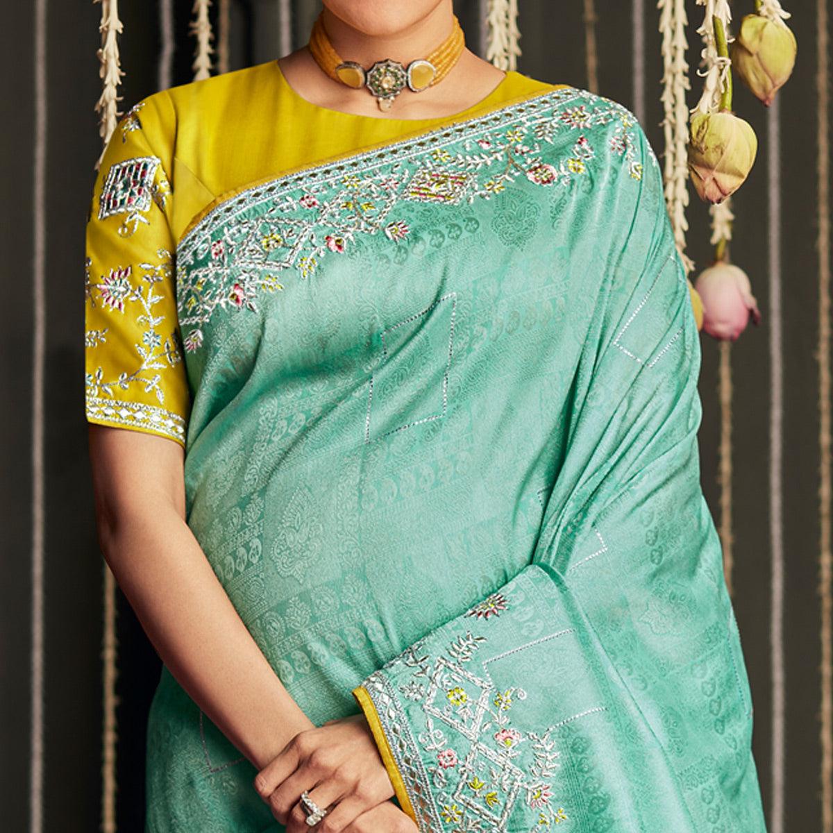 Blue Embroidered Art Silk Saree With Tassels - Peachmode