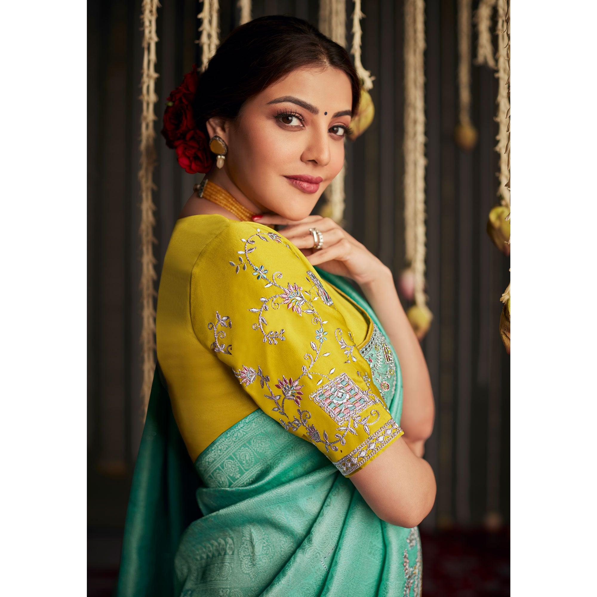 Blue Embroidered Art Silk Saree With Tassels - Peachmode