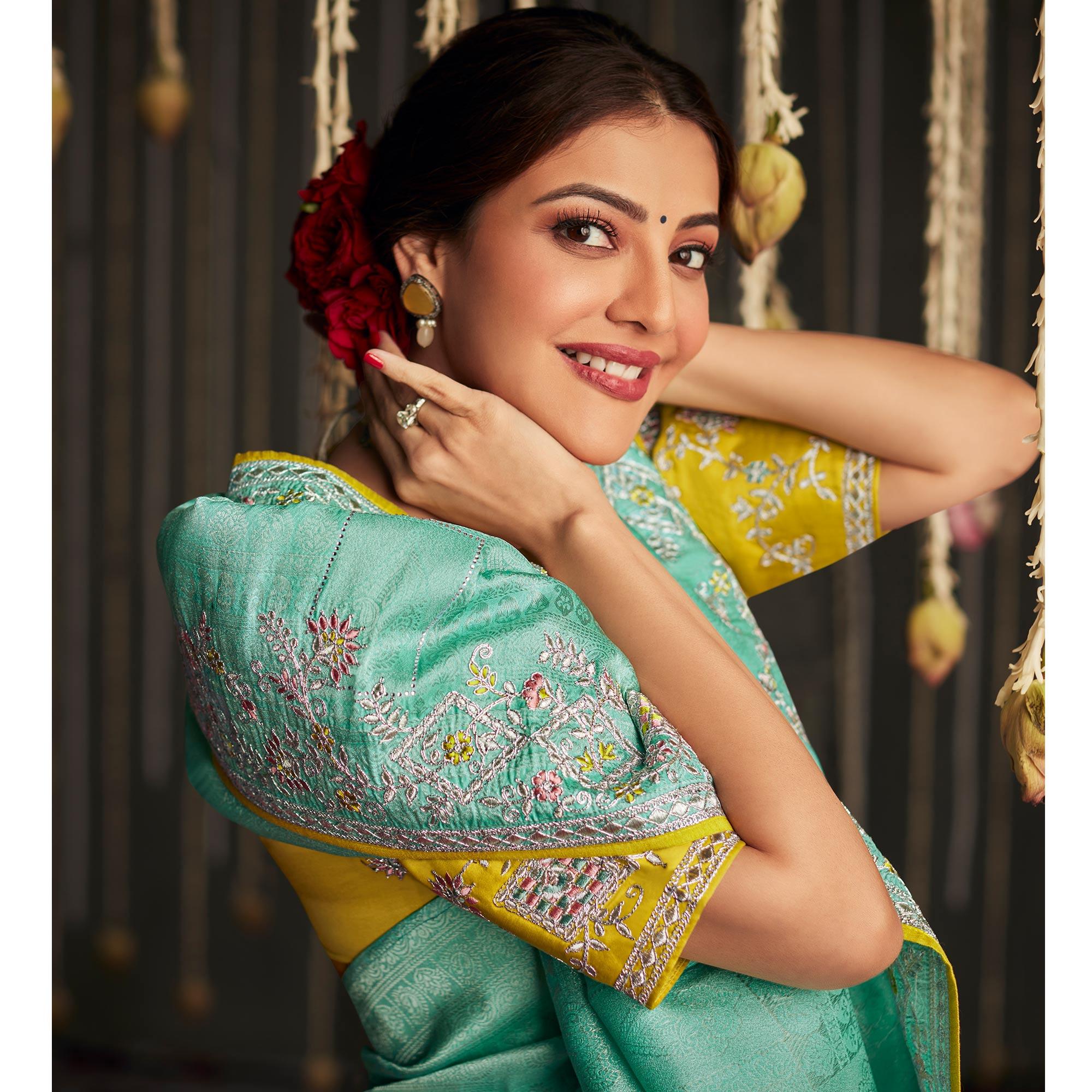 Blue Embroidered Art Silk Saree With Tassels - Peachmode