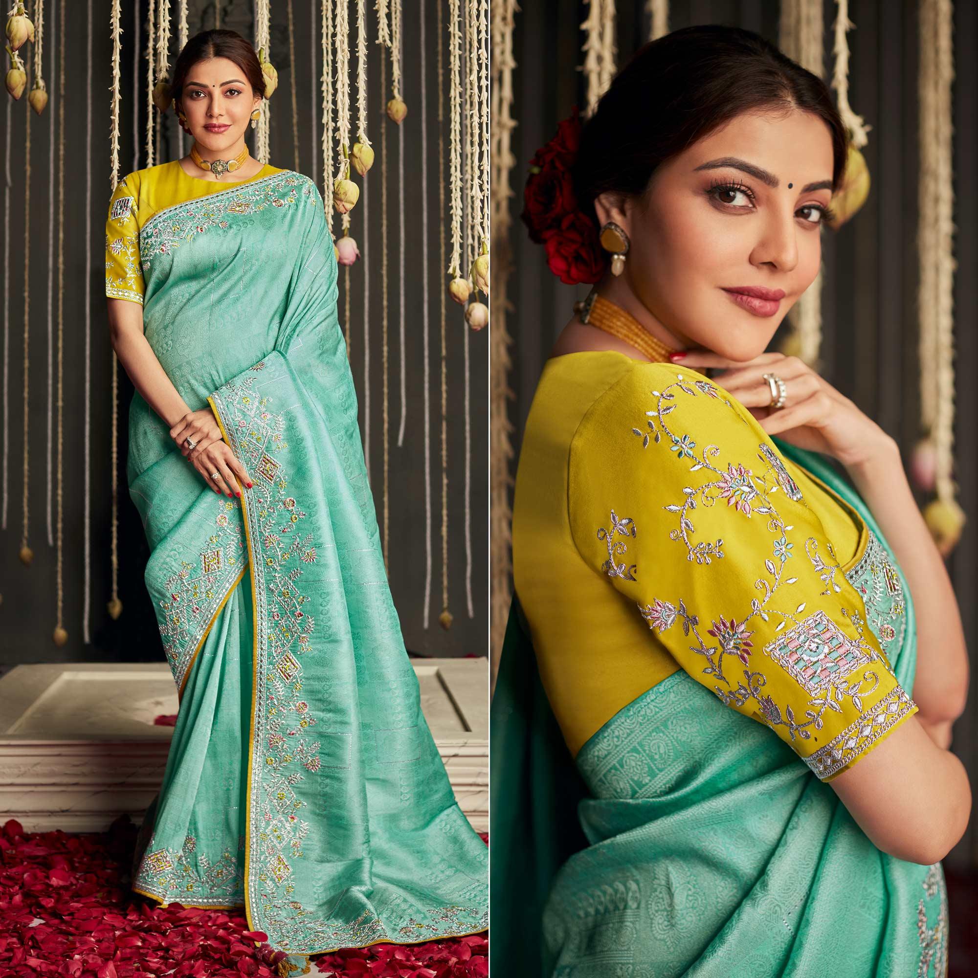 Blue Embroidered Art Silk Saree With Tassels - Peachmode