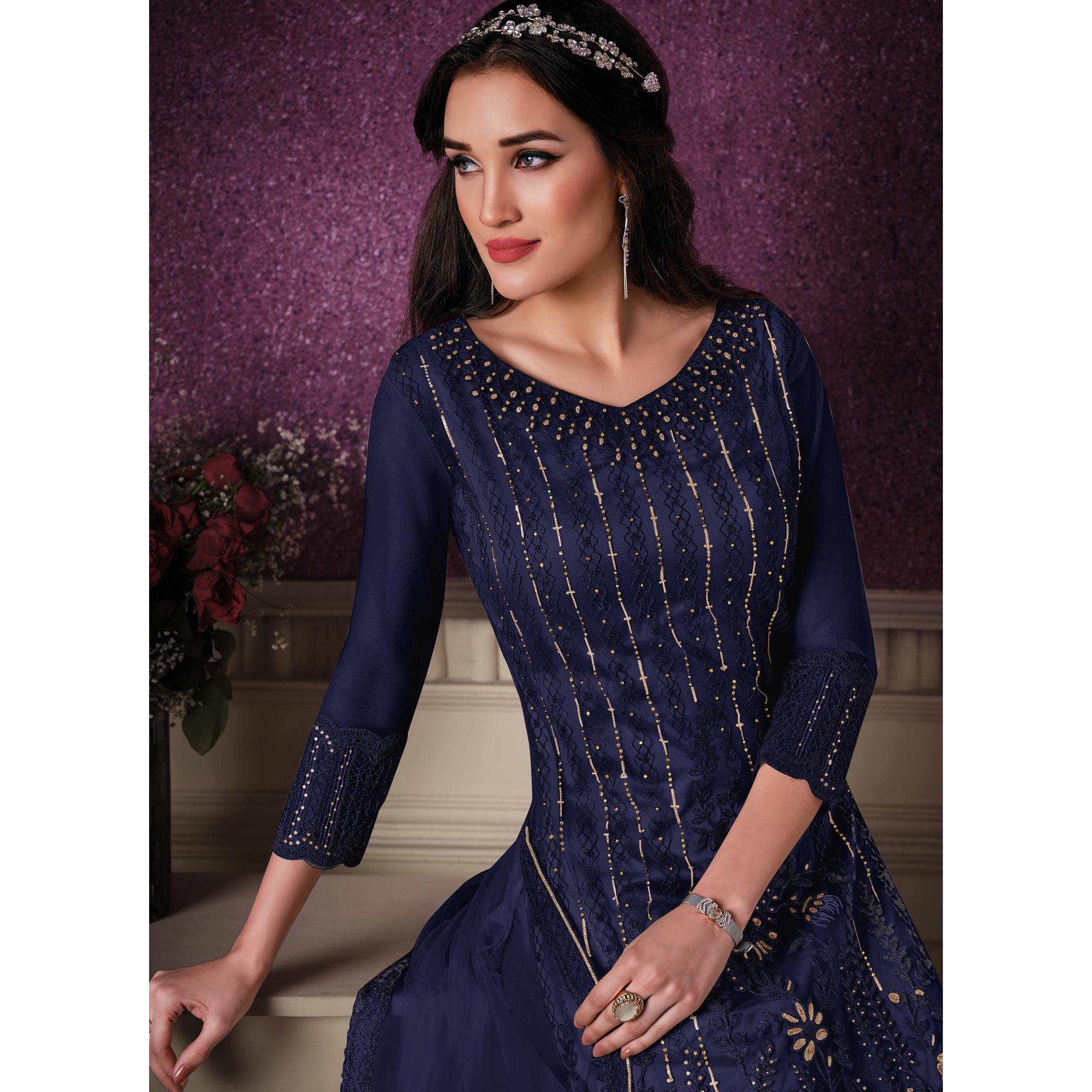 Blue Embroidered Butterfly Net Partywear Suit - Peachmode