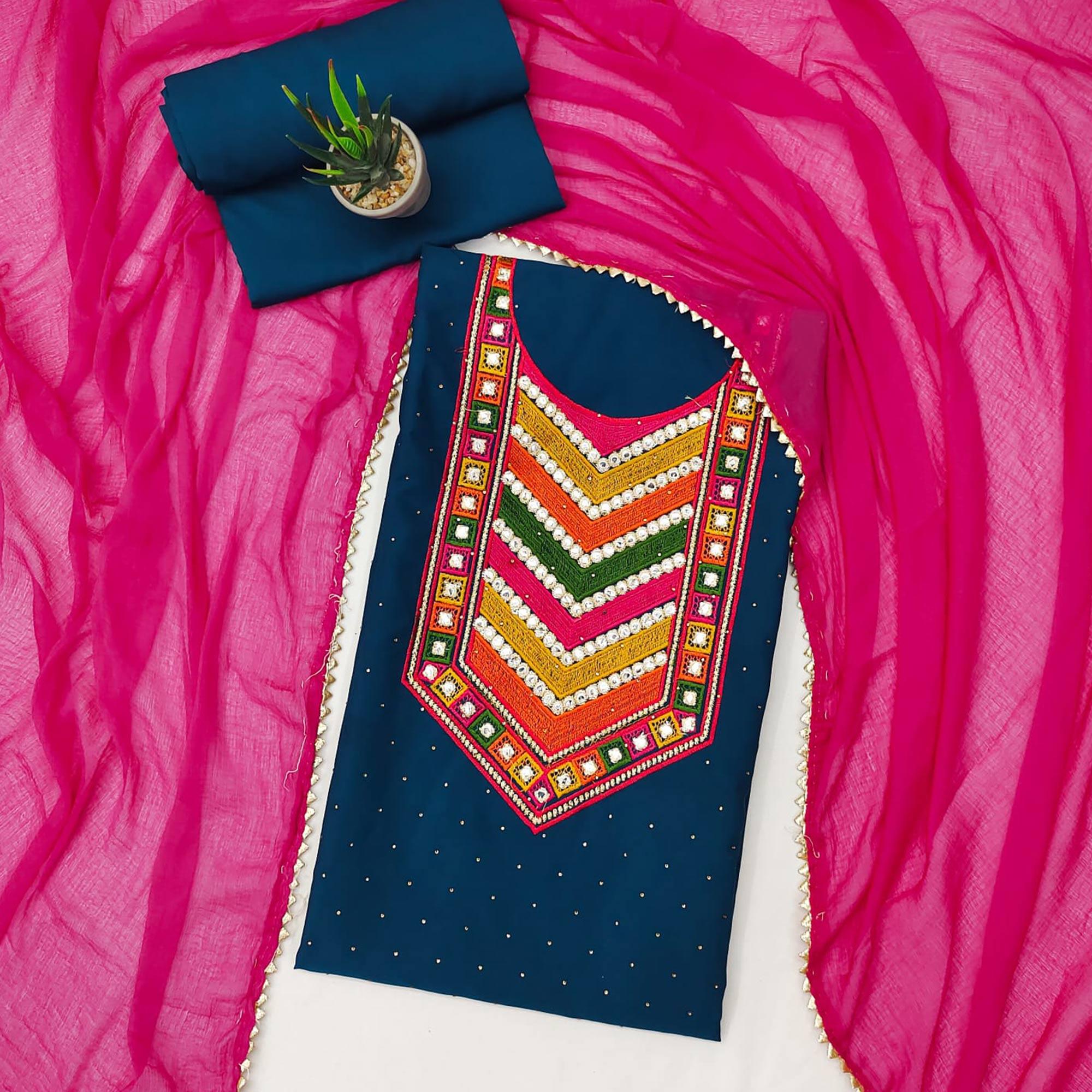 Blue Embroidered Chanderi Dress Material - Peachmode