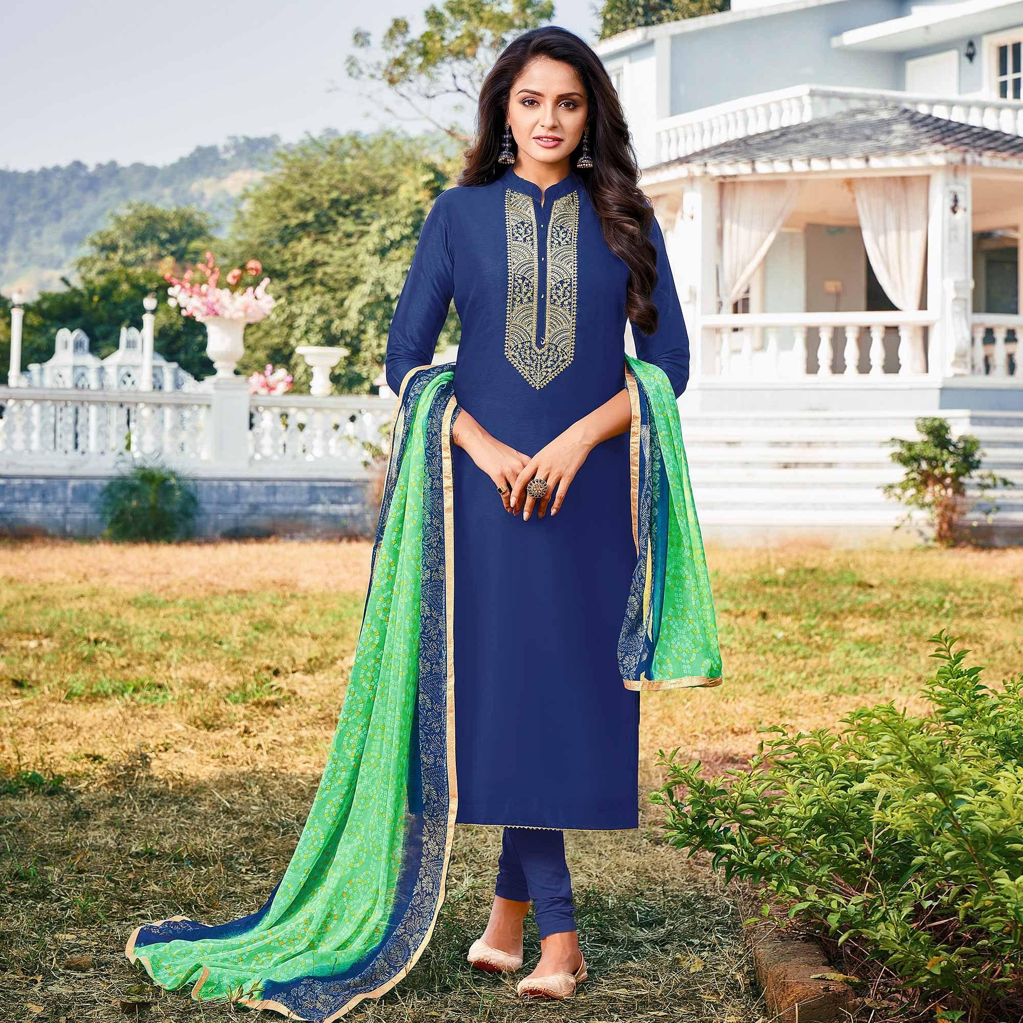 Blue Embroidered Chanderi Dress Material - Peachmode