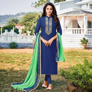 Blue Embroidered Chanderi Dress Material - Peachmode