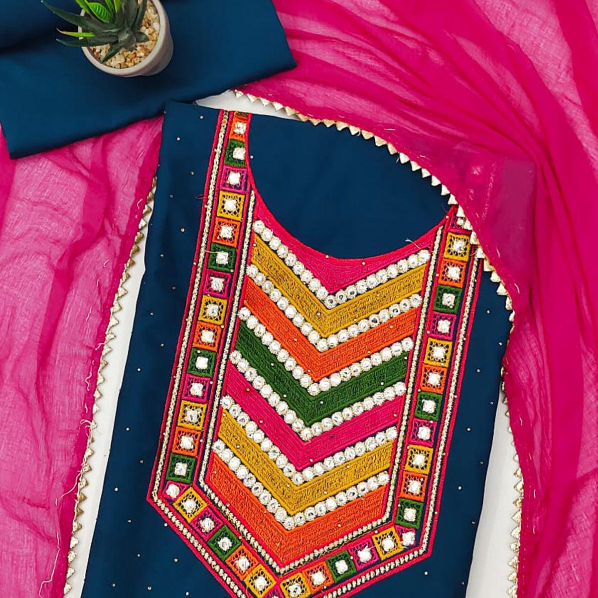 Blue Embroidered Chanderi Dress Material - Peachmode