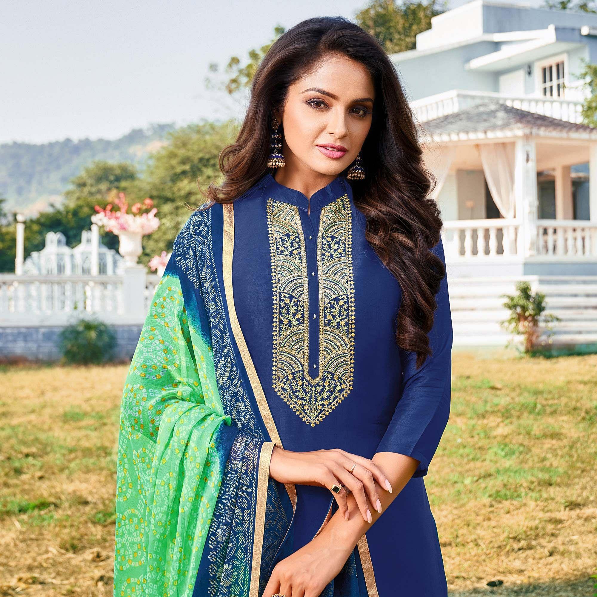 Blue Embroidered Chanderi Dress Material - Peachmode