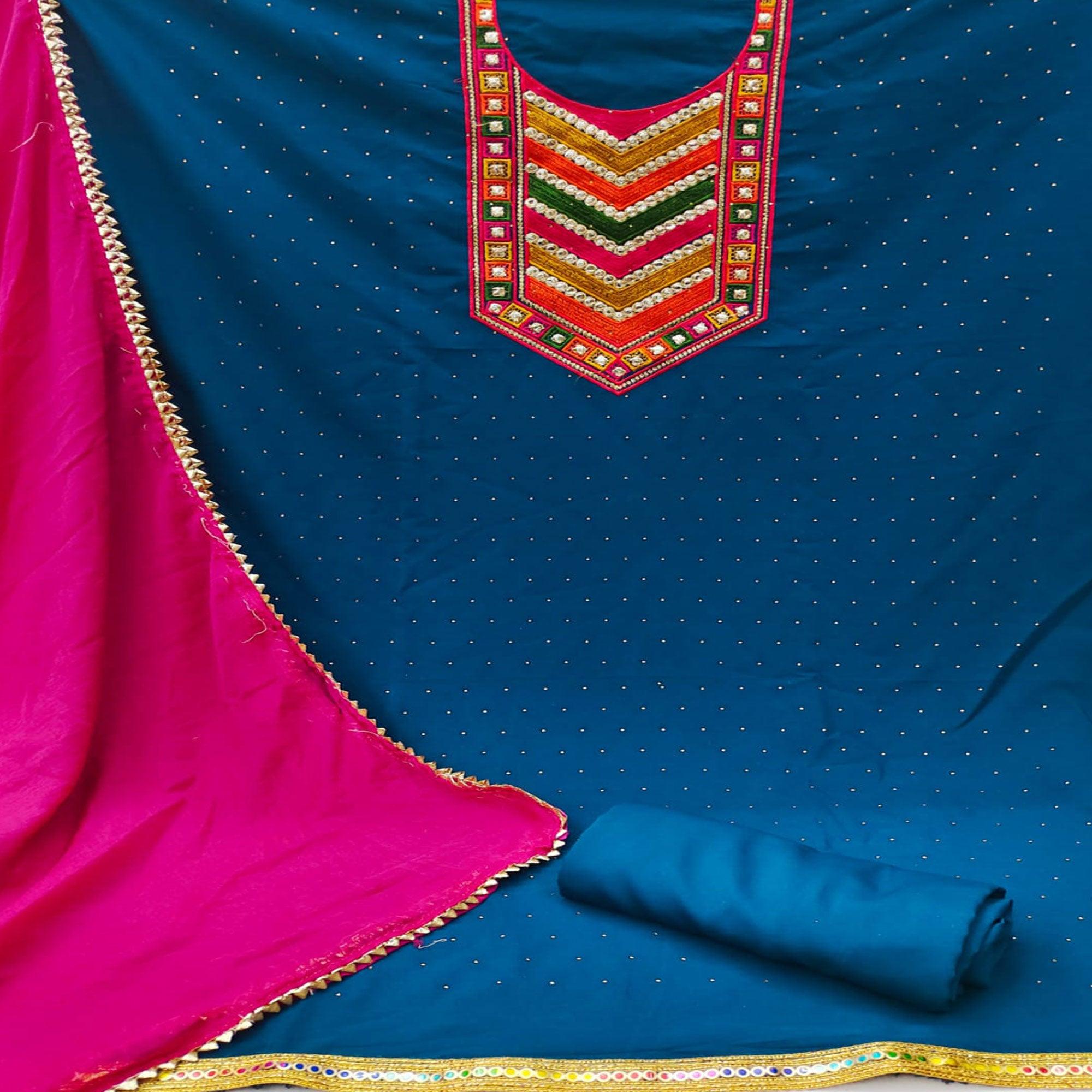 Blue Embroidered Chanderi Dress Material - Peachmode