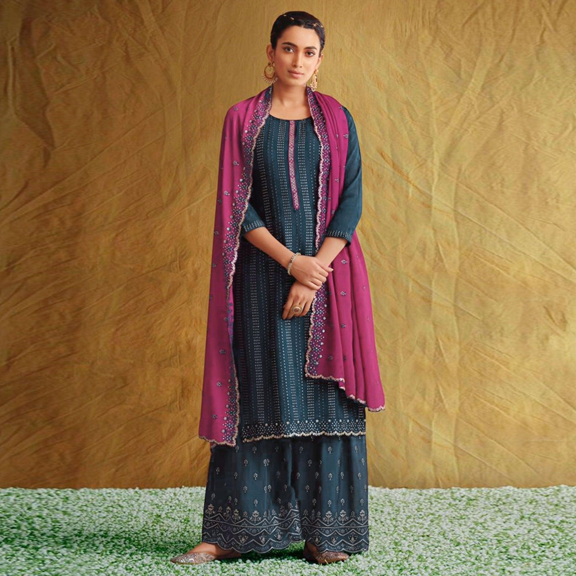 Blue Embroidered Chiffon Palazzo Suit - Peachmode