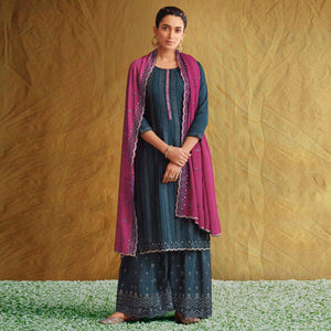 Blue Embroidered Chiffon Palazzo Suit - Peachmode