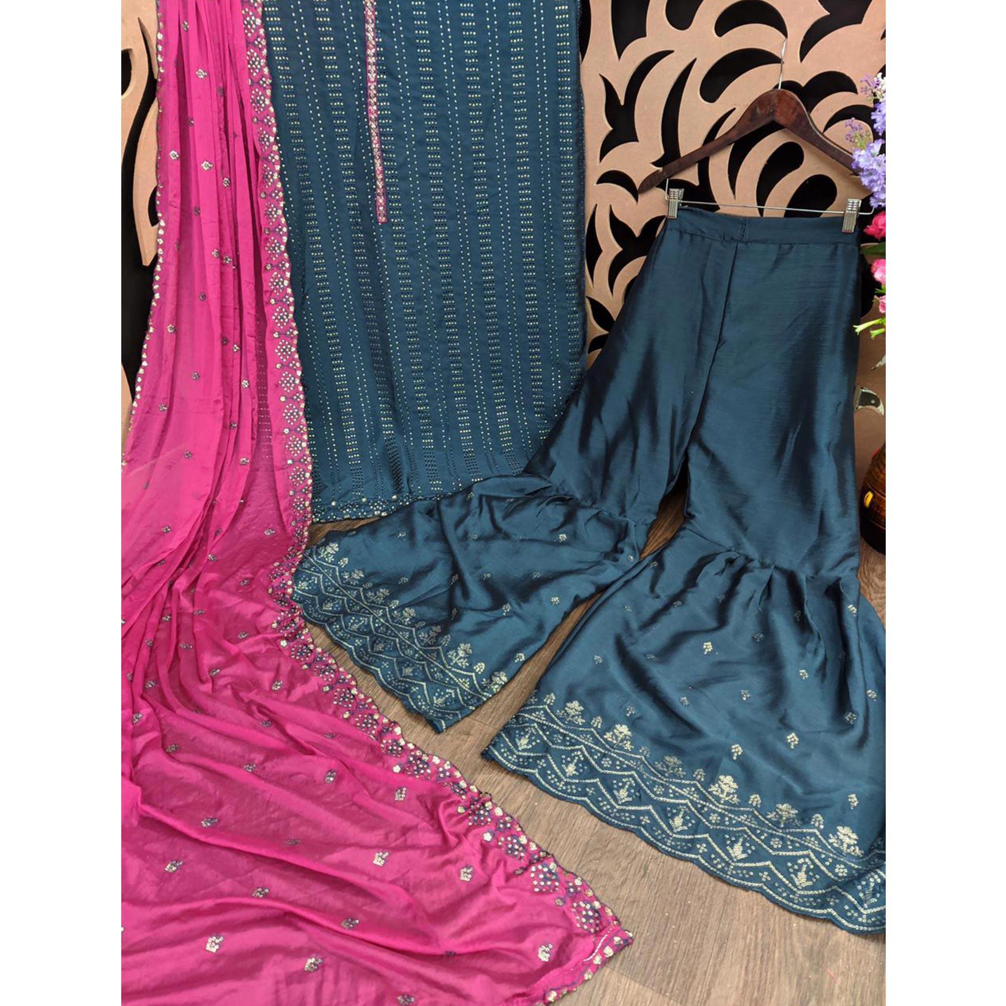 Blue Embroidered Chiffon Palazzo Suit - Peachmode