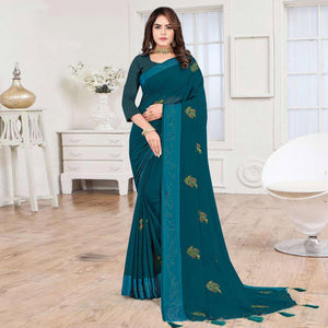 Blue Embroidered Chiffon Saree - Peachmode