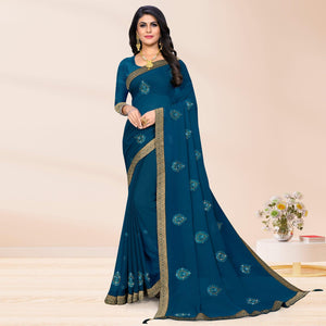 Blue Embroidered Chiffon Saree - Peachmode