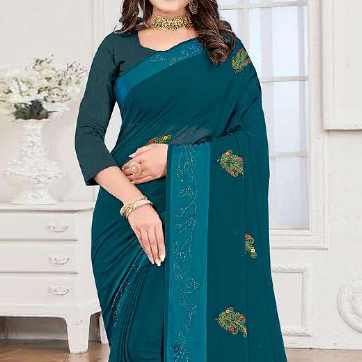 Blue Embroidered Chiffon Saree - Peachmode