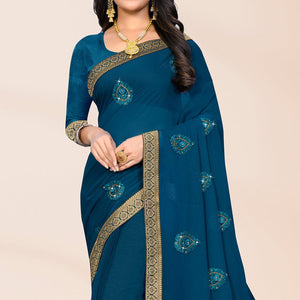 Blue Embroidered Chiffon Saree - Peachmode