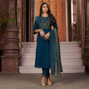 Blue Embroidered Chinon Partywear Suit - Peachmode