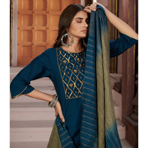 Blue Embroidered Chinon Partywear Suit - Peachmode