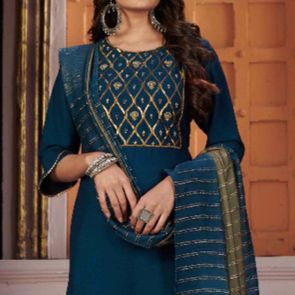Blue Embroidered Chinon Partywear Suit - Peachmode