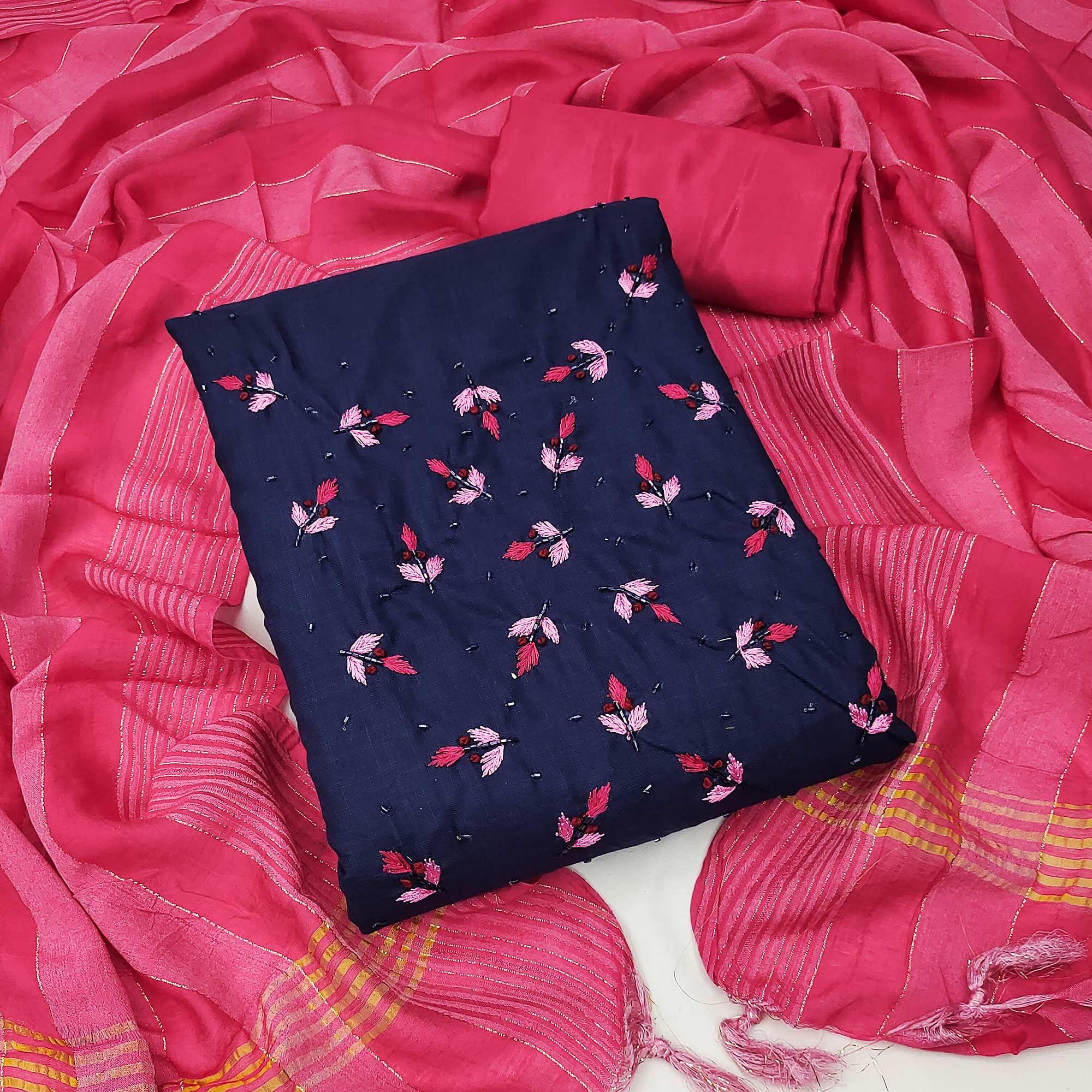 Blue Embroidered Cotton Blend Dress Material - Peachmode