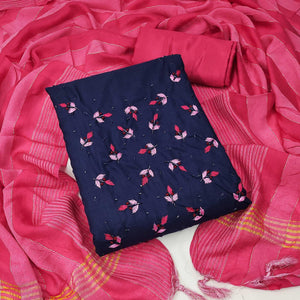 Blue Embroidered Cotton Blend Dress Material - Peachmode