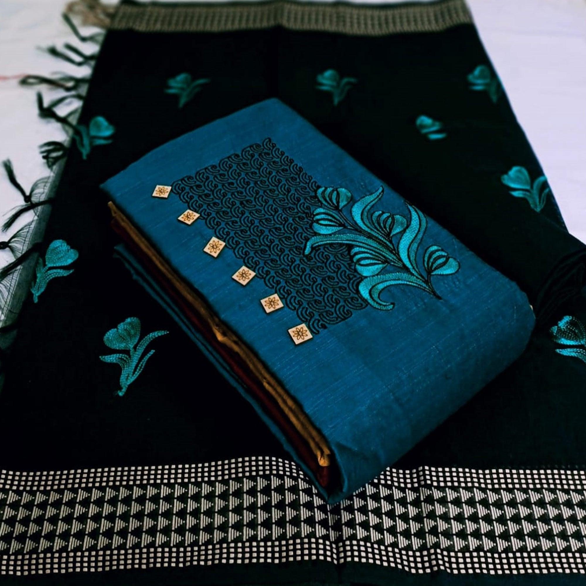 Blue Embroidered Cotton Silk Dress Material - Peachmode