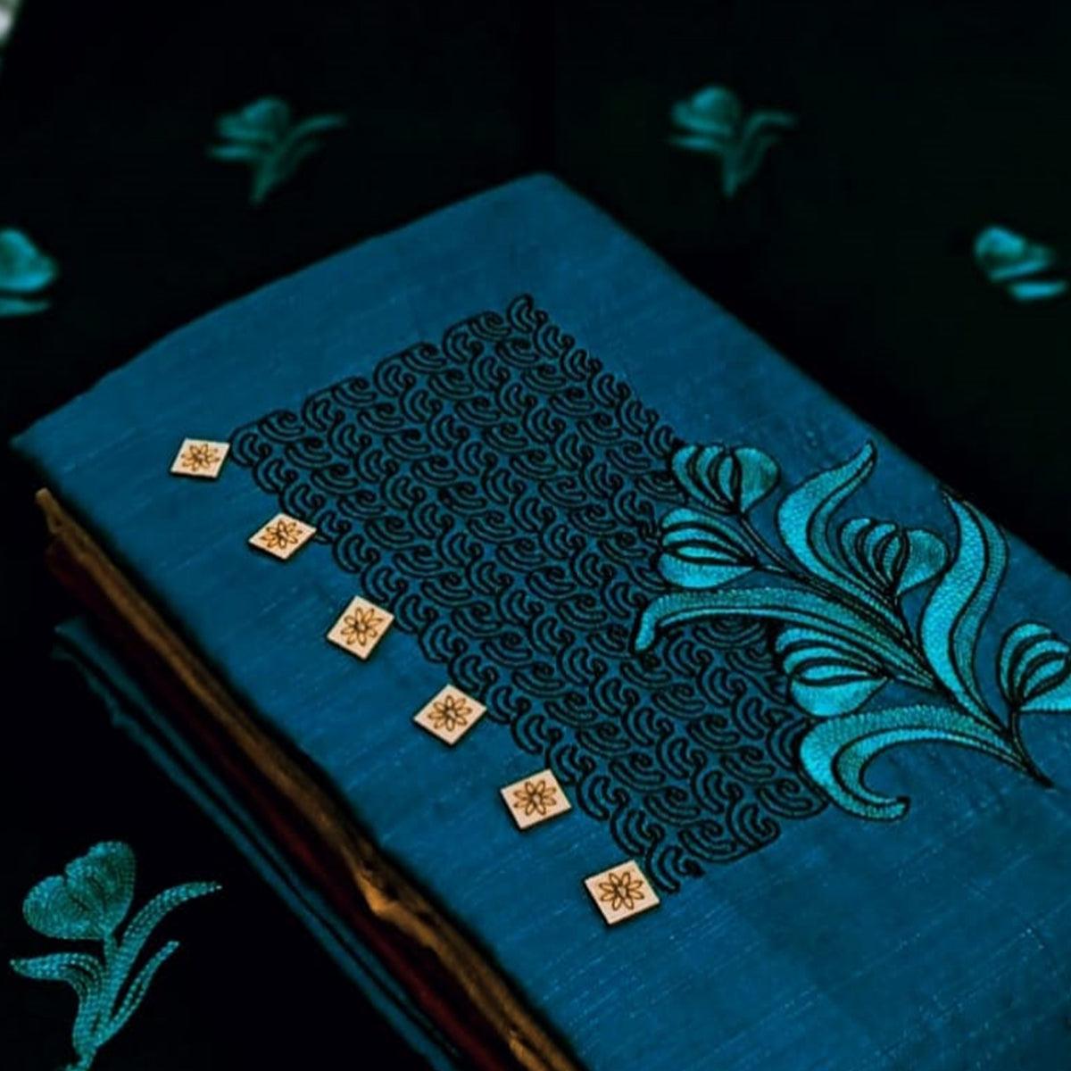 Blue Embroidered Cotton Silk Dress Material - Peachmode