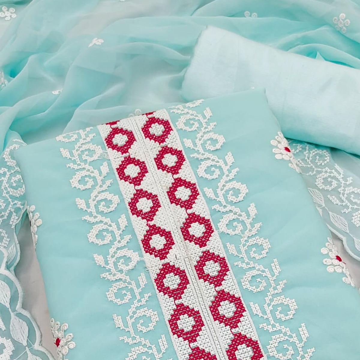 Blue Embroidered Georgette Dress Material - Peachmode