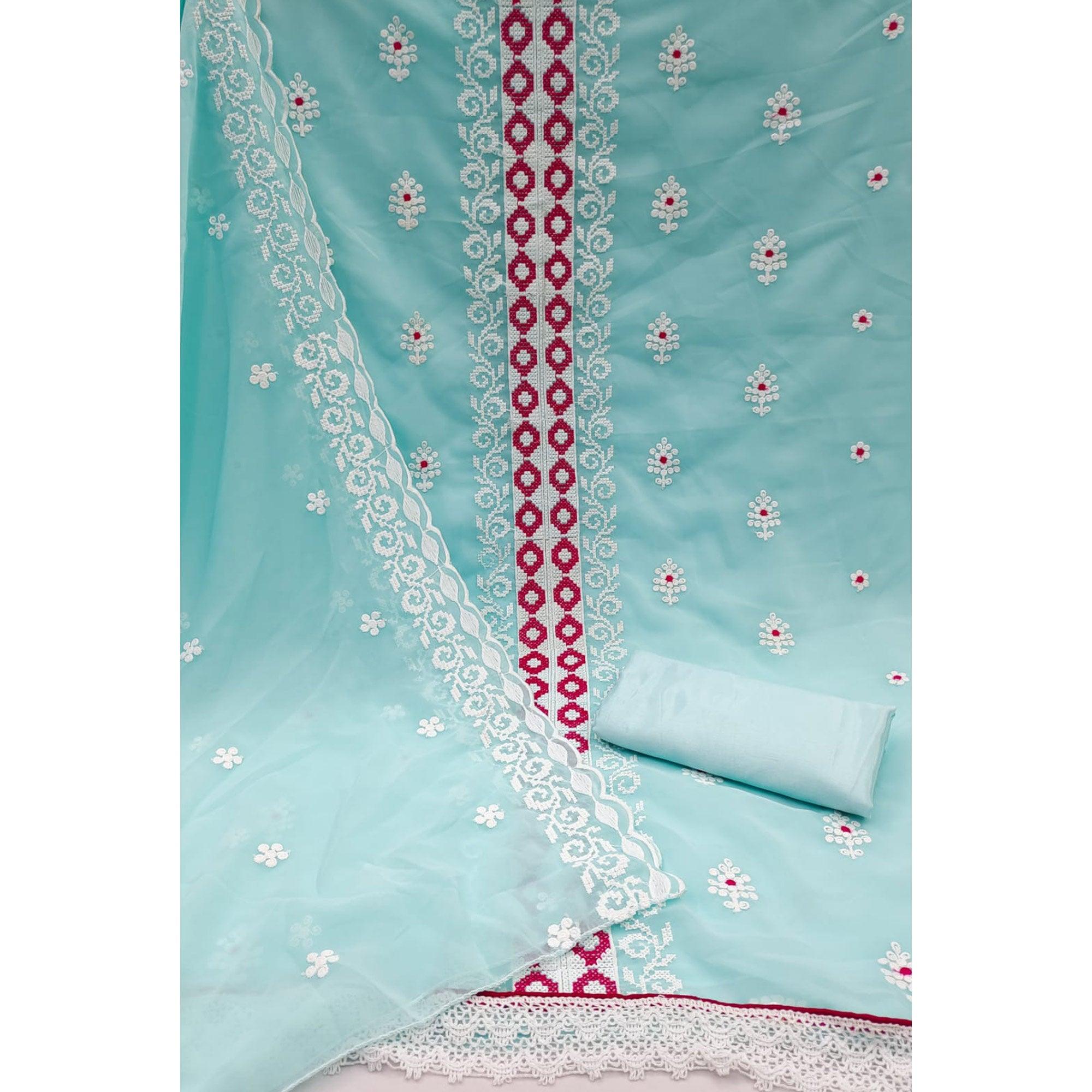 Blue Embroidered Georgette Dress Material - Peachmode