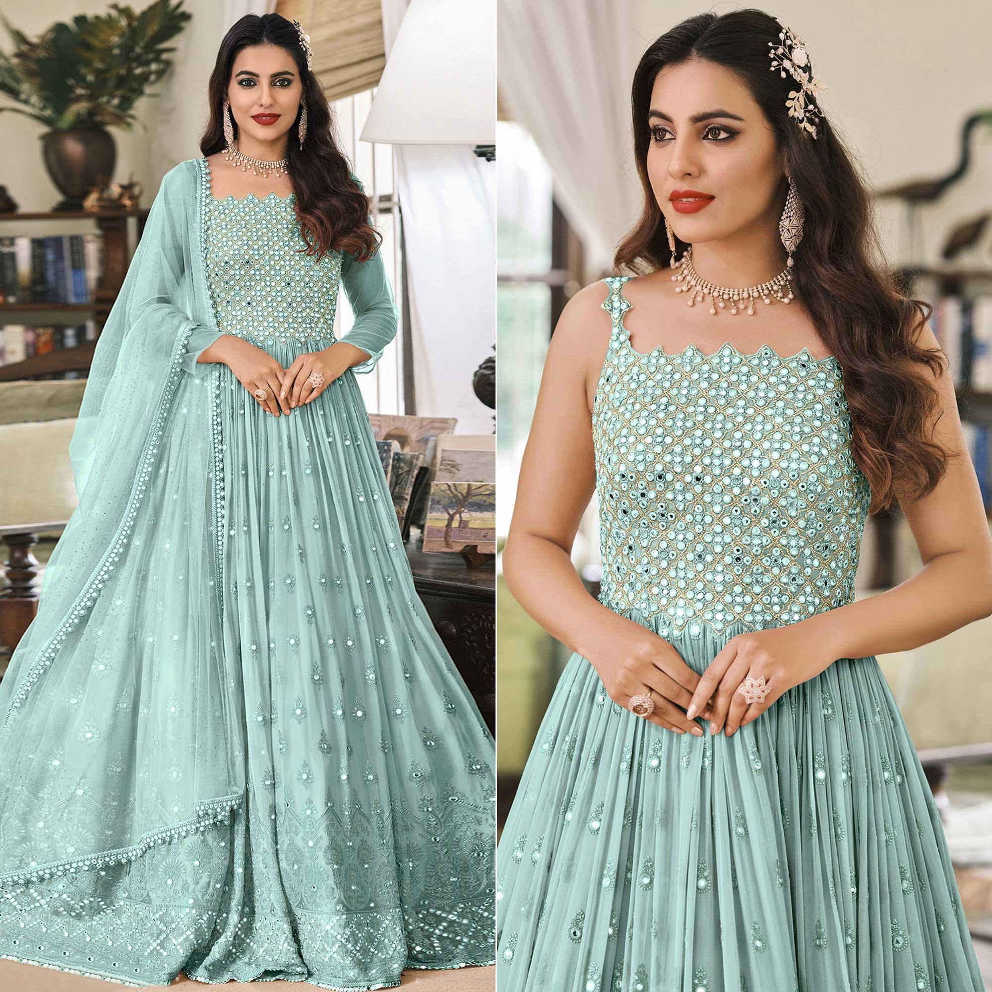 Blue Embroidered Georgette Gown - Peachmode