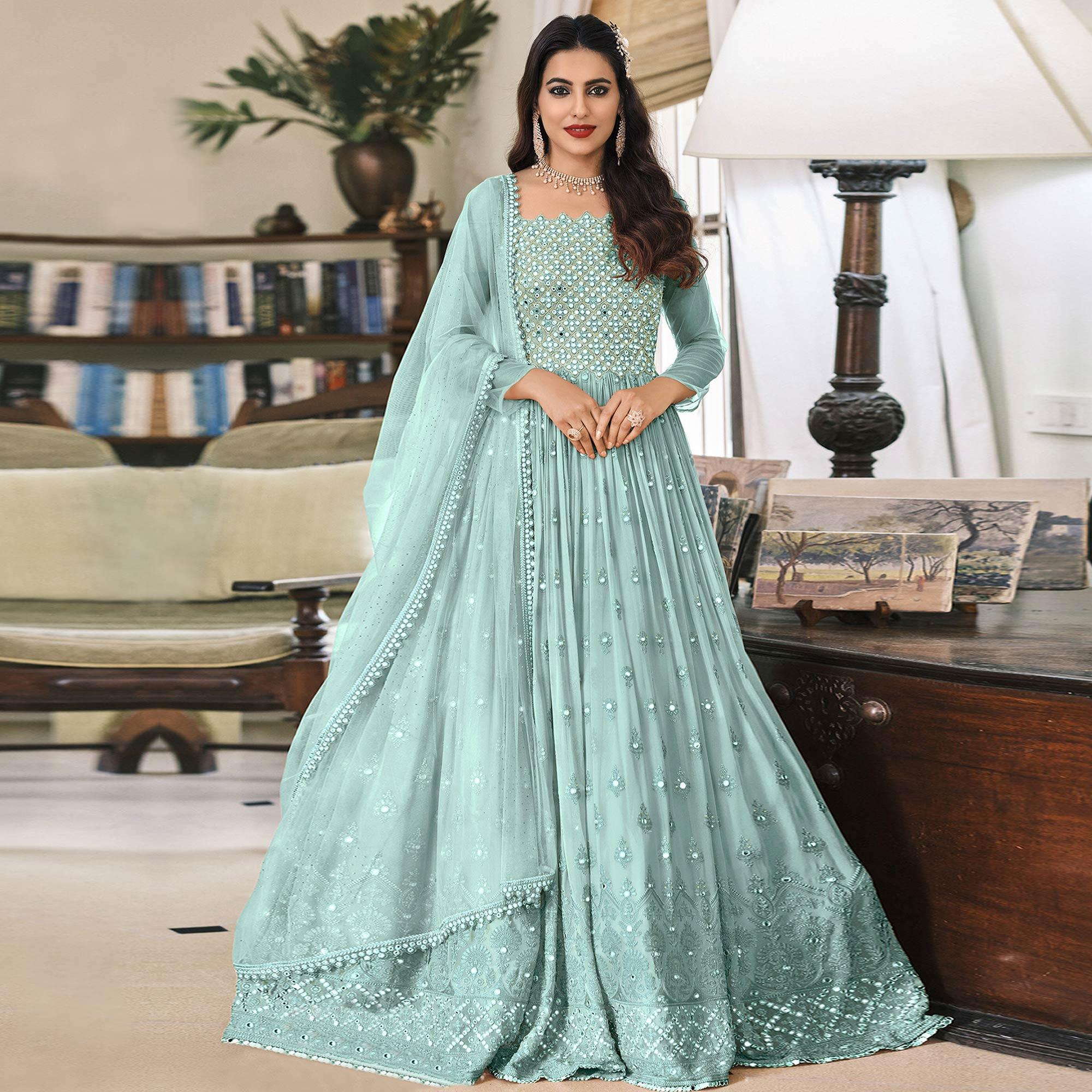 Blue Embroidered Georgette Gown - Peachmode