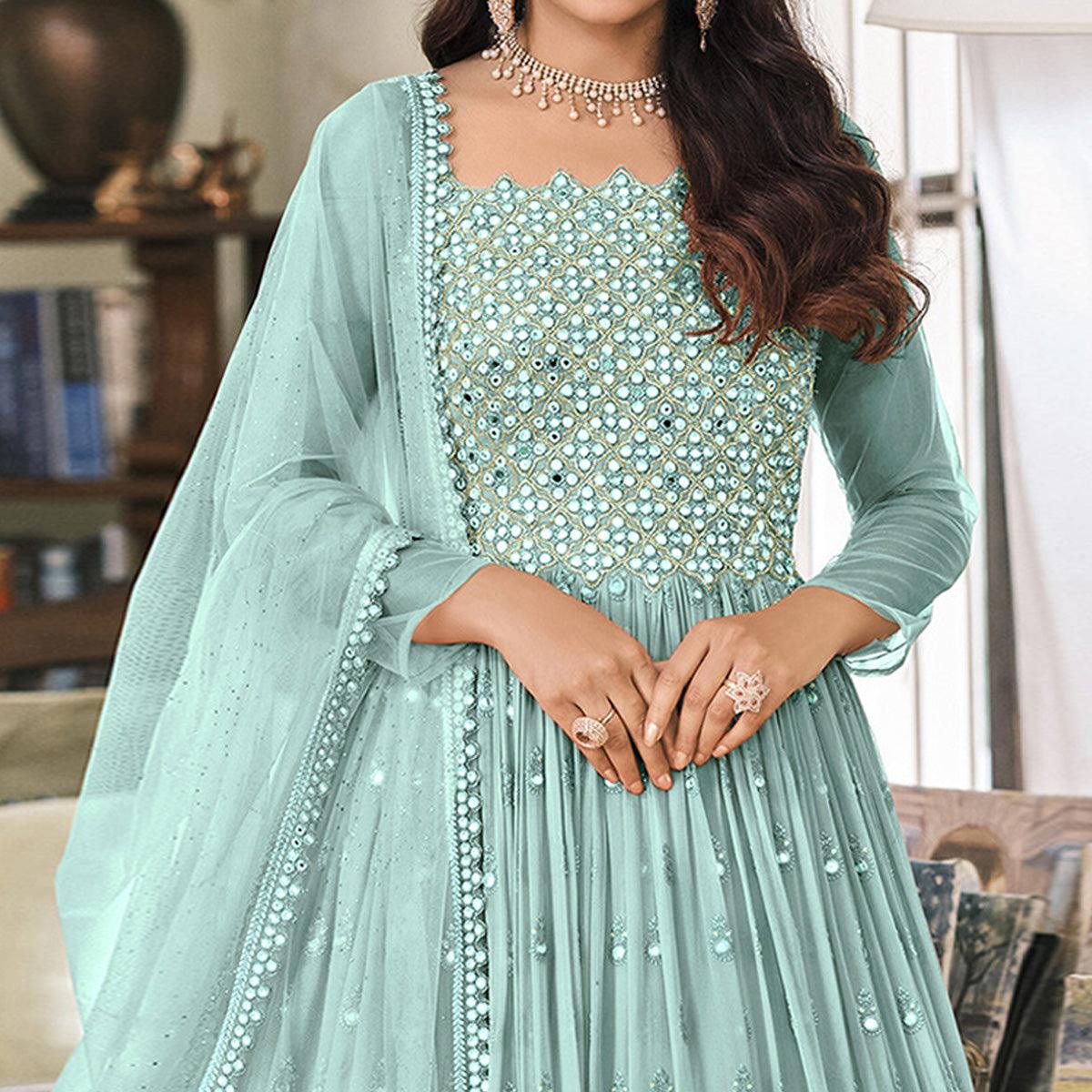 Blue Embroidered Georgette Gown - Peachmode