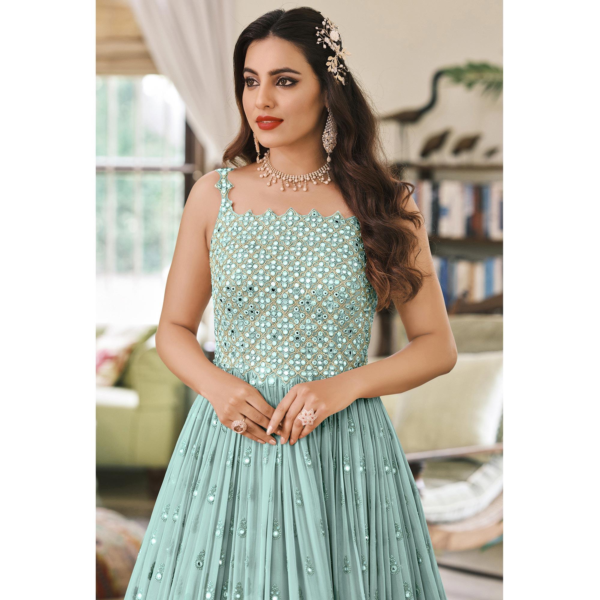 Blue Embroidered Georgette Gown - Peachmode