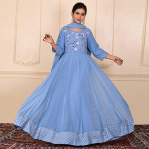 Blue Embroidered Georgette Gown With Dupatta - Peachmode