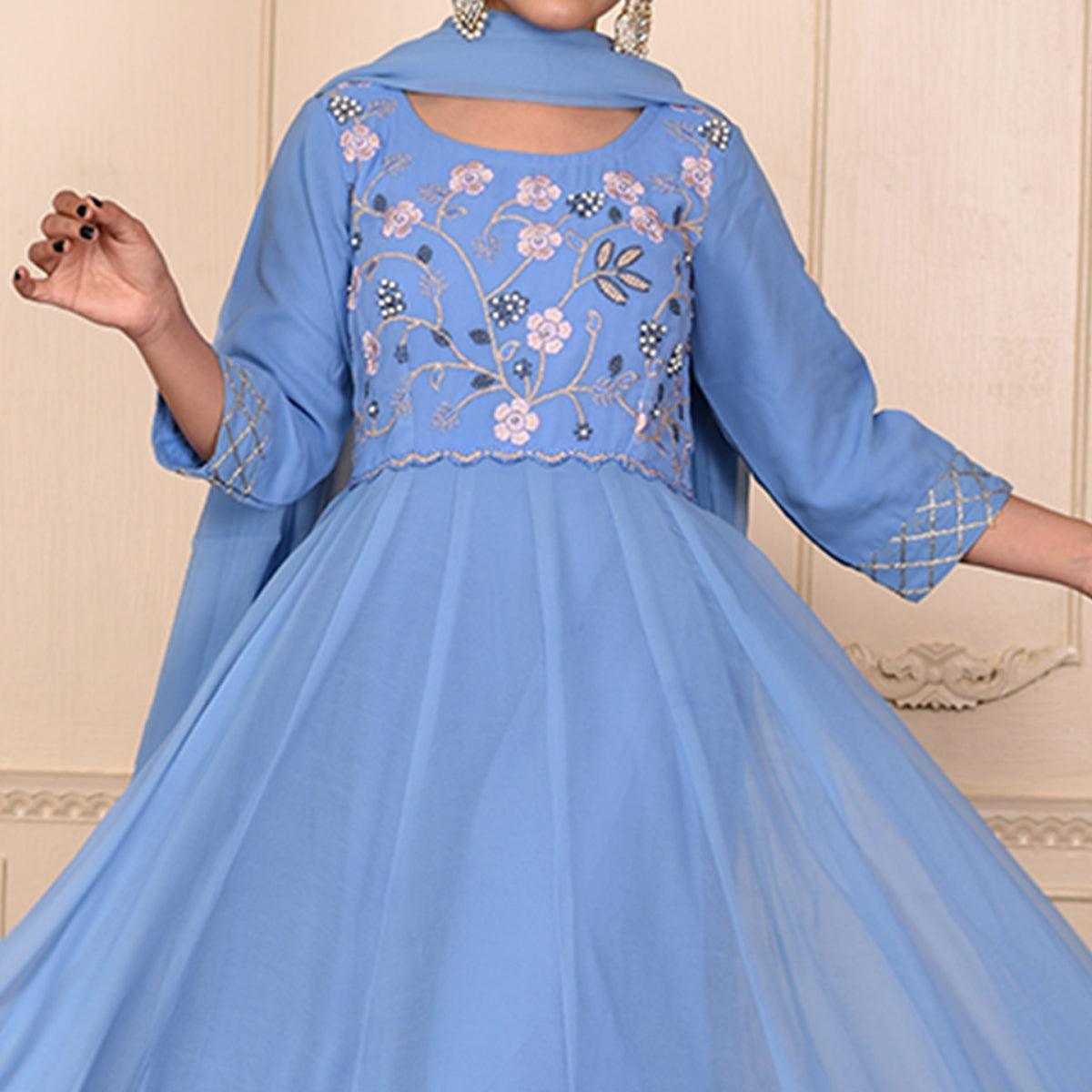 Blue Embroidered Georgette Gown With Dupatta - Peachmode