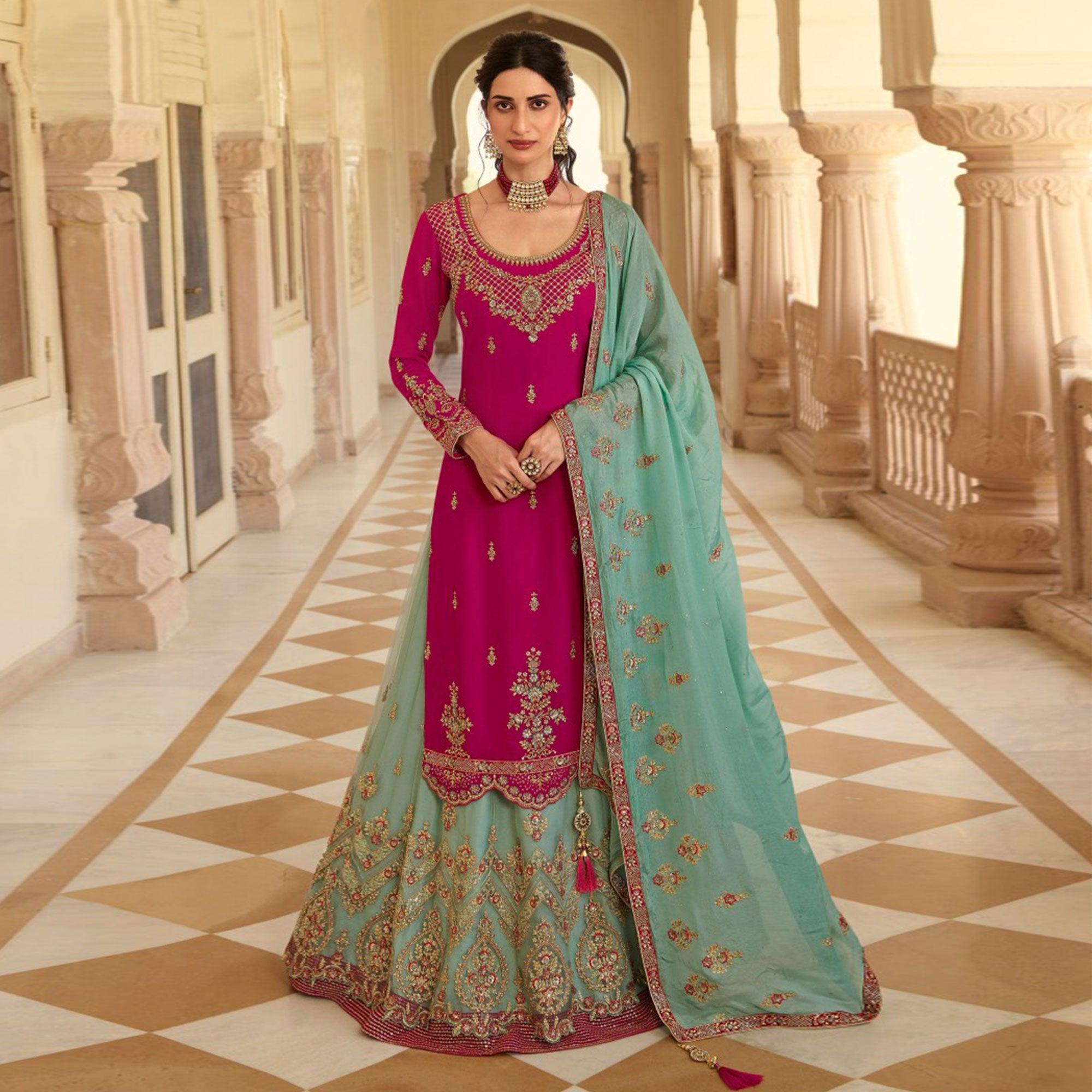 Blue Embroidered Georgette Lehenga Kameez - Peachmode