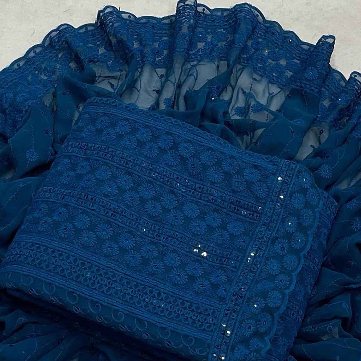Blue Embroidered Georgette Lucknowi Suit - Peachmode