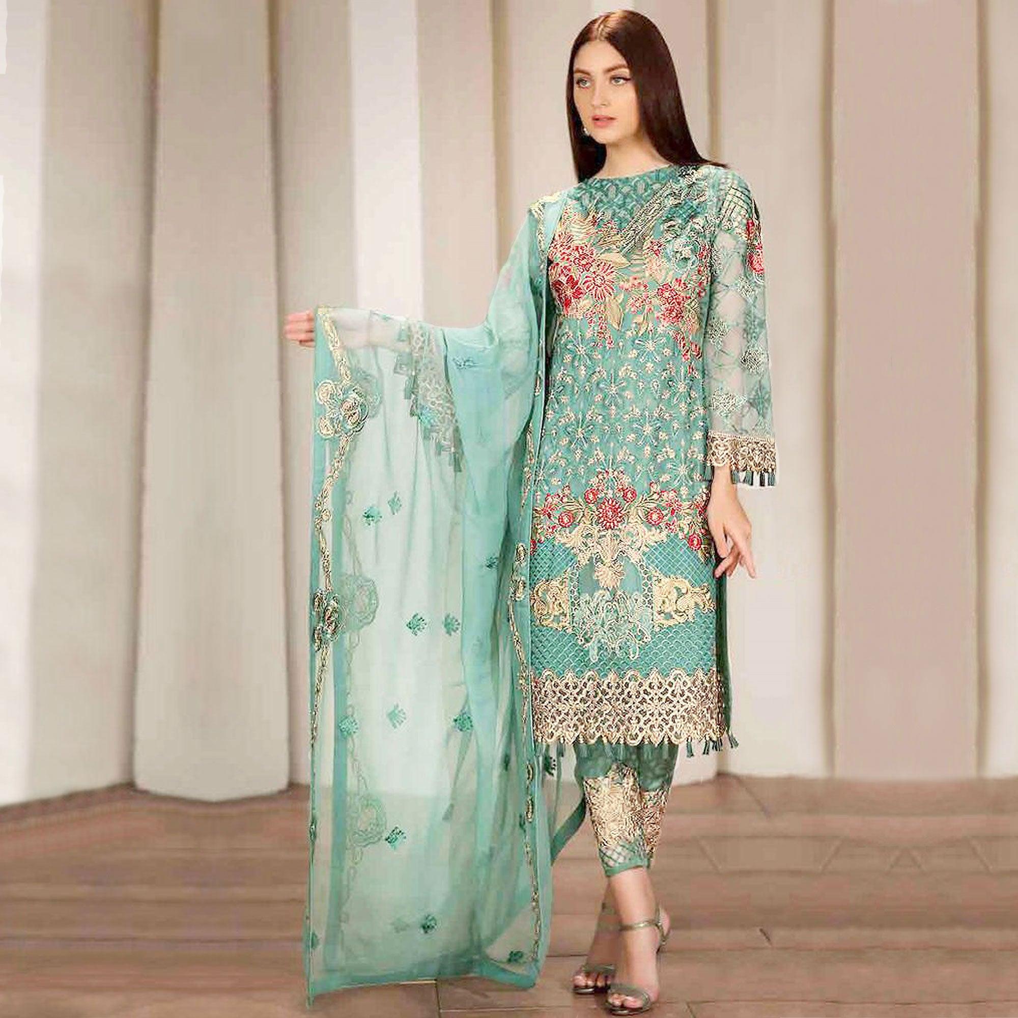 Blue Embroidered Georgette Pakistani Suit - Peachmode