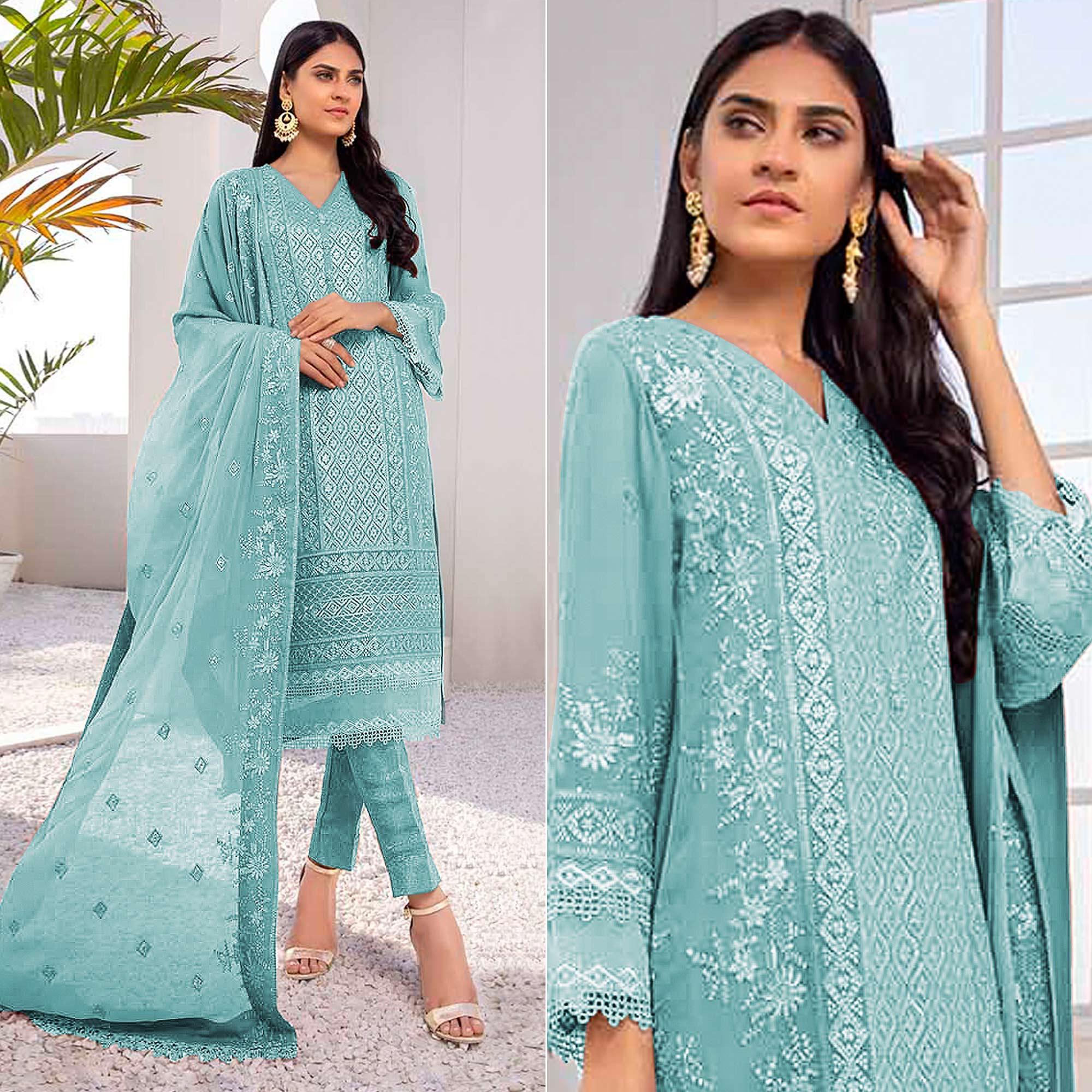 Blue Embroidered Georgette Pakistani Suit - Peachmode