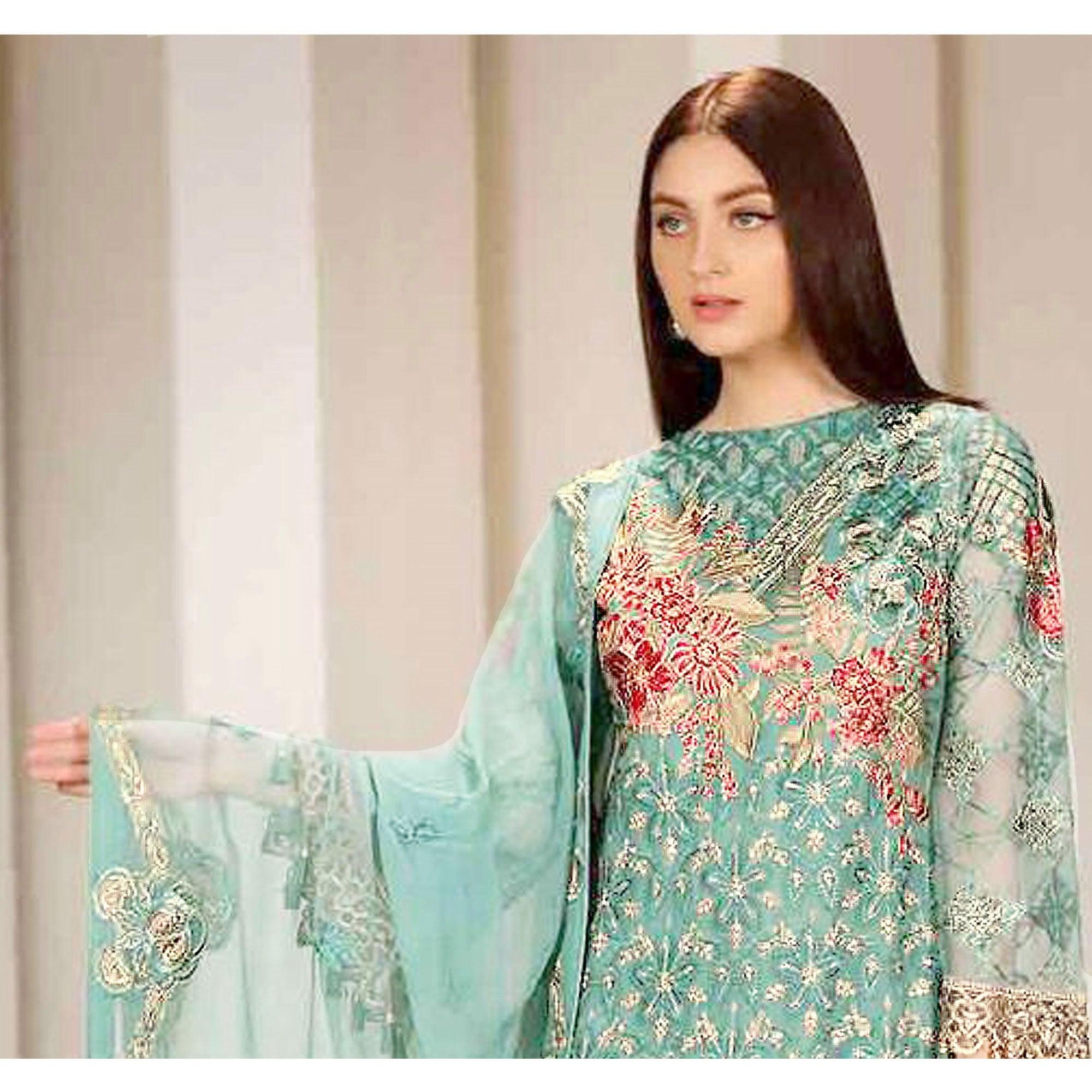 Blue Embroidered Georgette Pakistani Suit - Peachmode