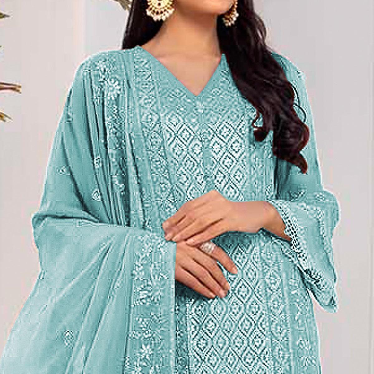 Blue Embroidered Georgette Pakistani Suit - Peachmode