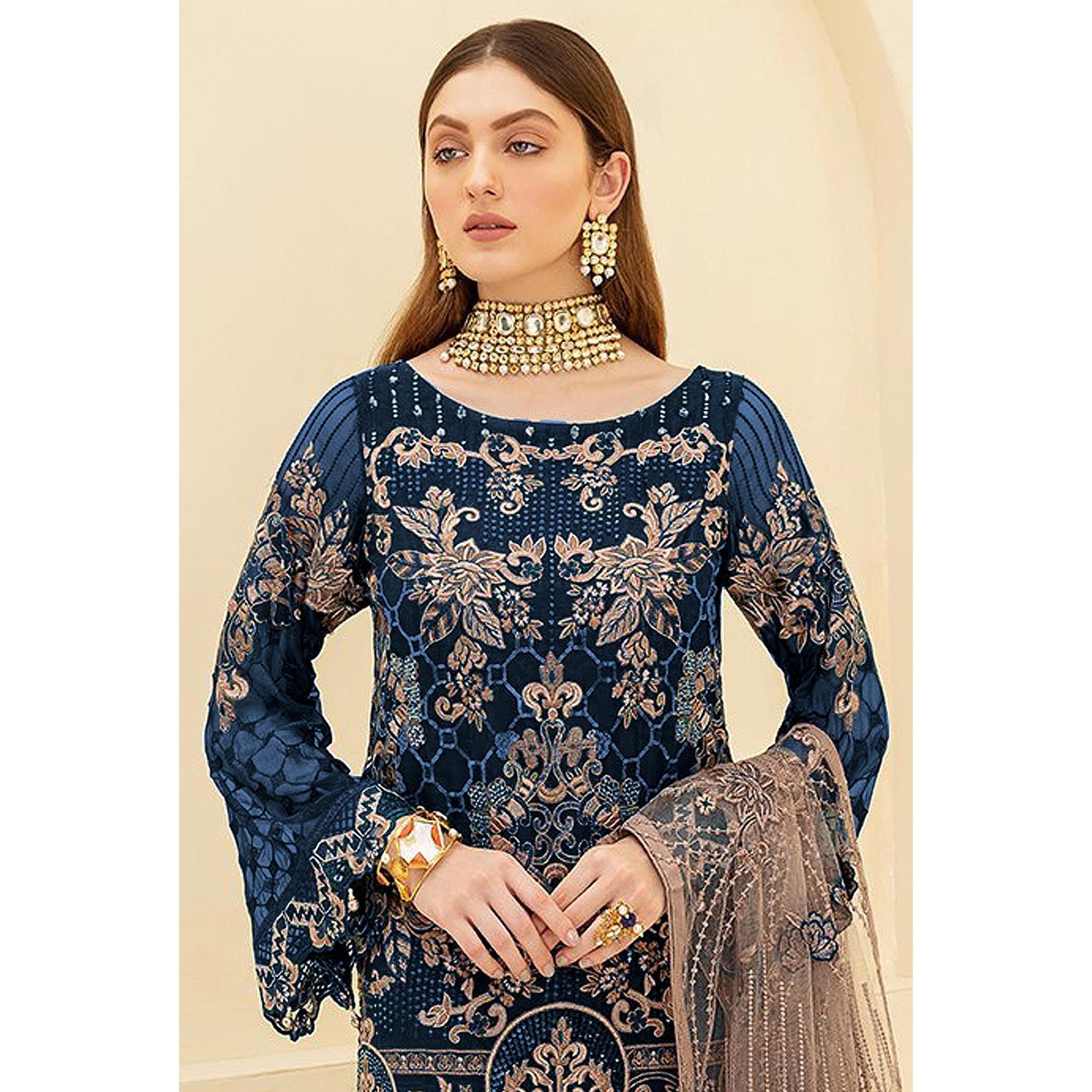 Blue Embroidered Georgette Pakistani Suit - Peachmode
