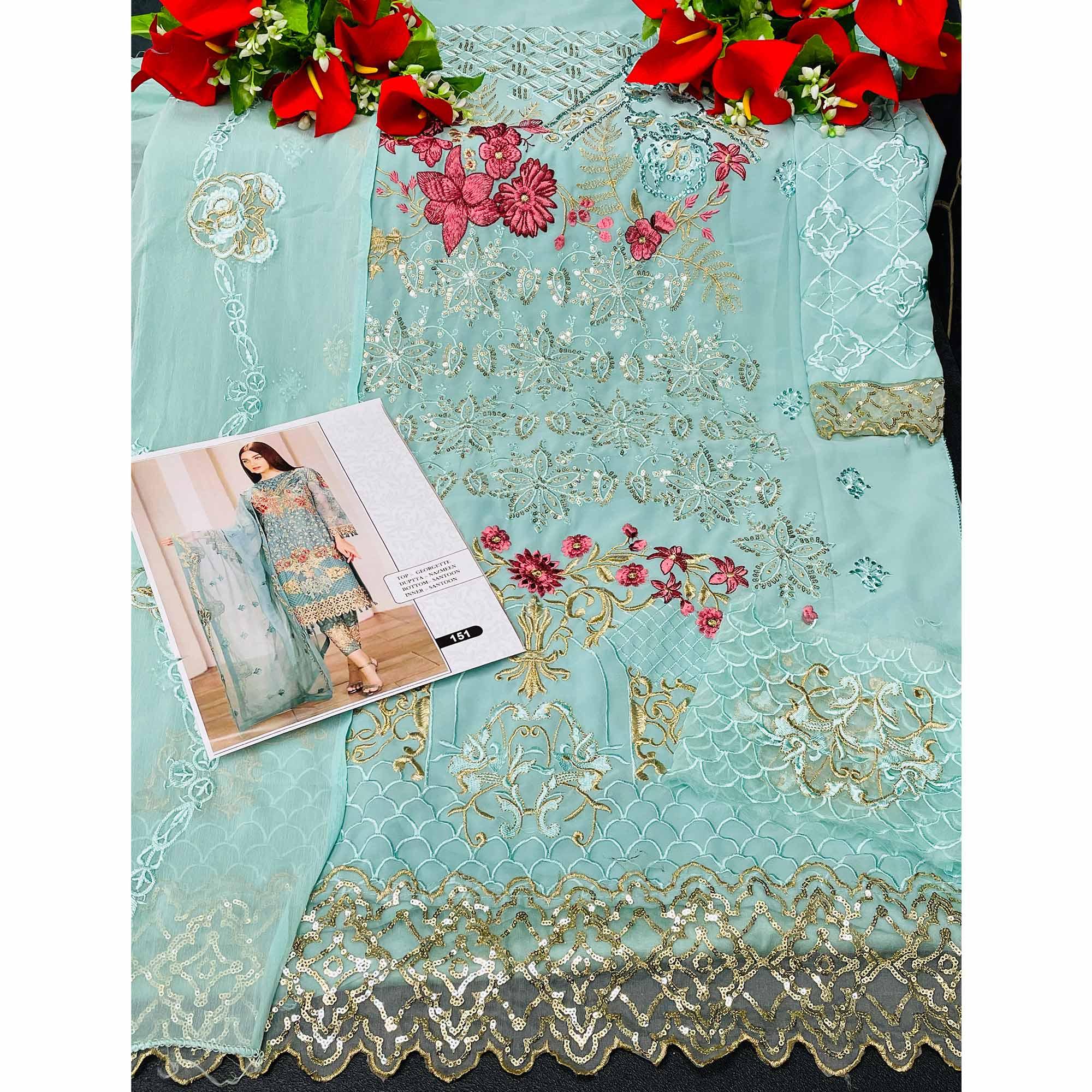Blue Embroidered Georgette Pakistani Suit - Peachmode