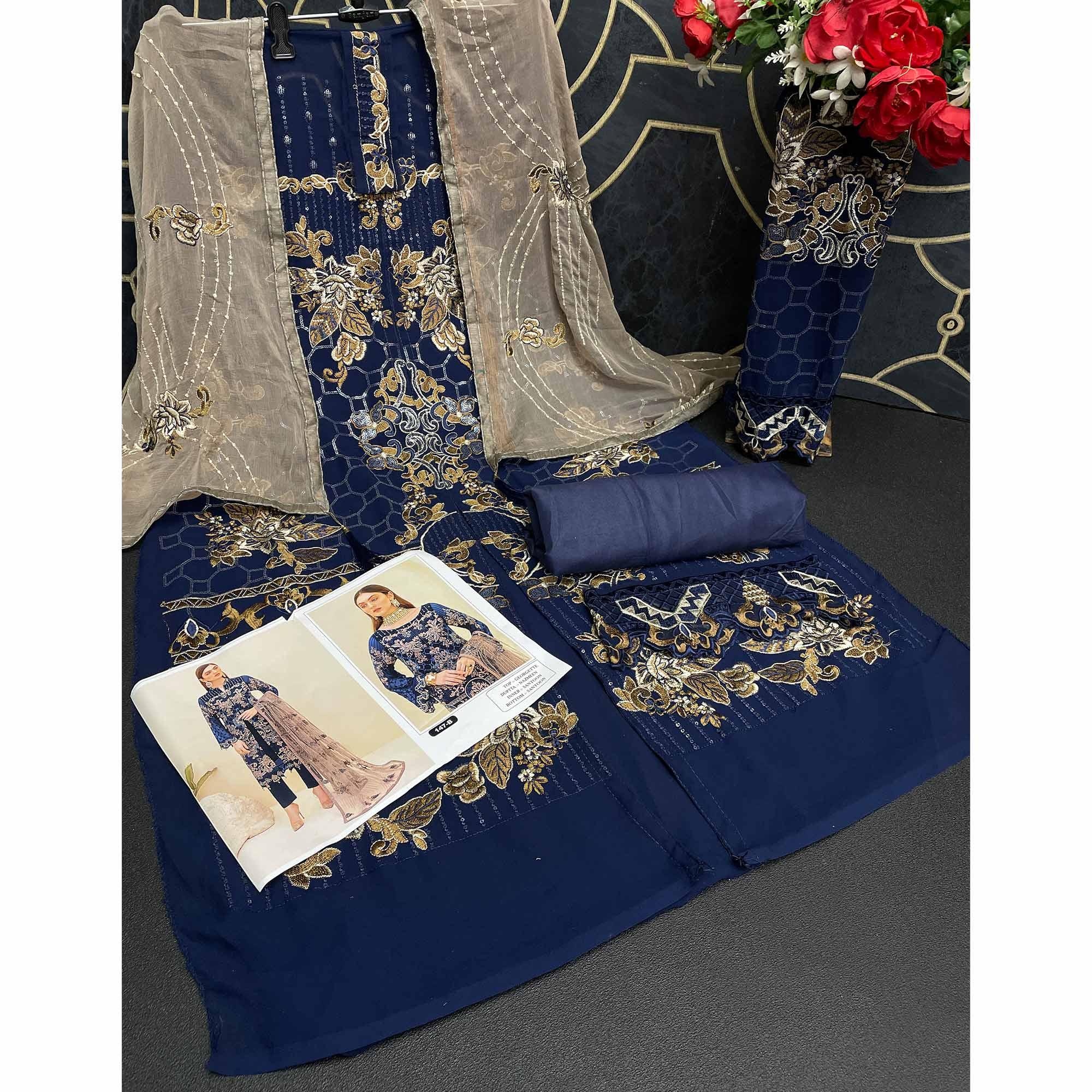Blue Embroidered Georgette Pakistani Suit - Peachmode