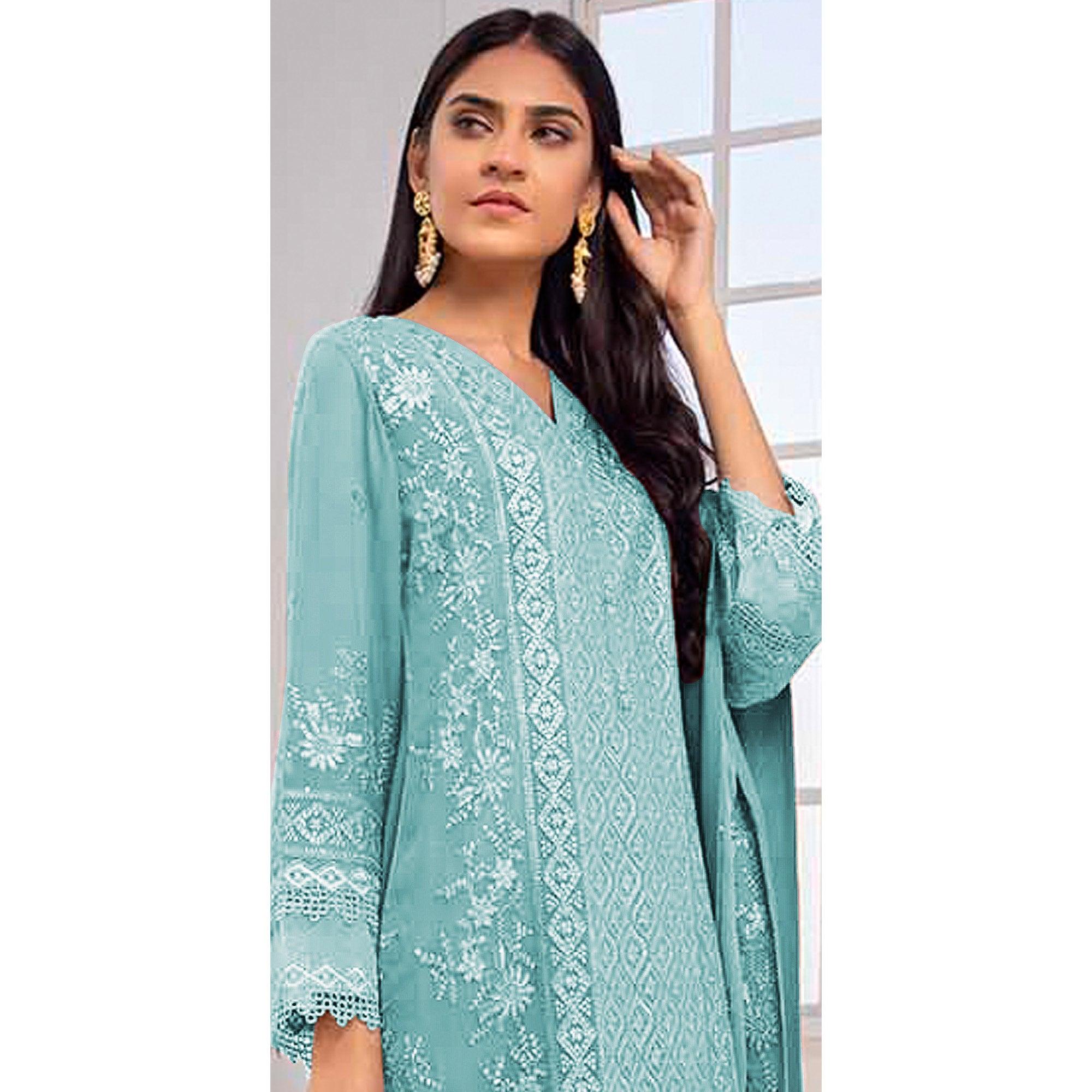 Blue Embroidered Georgette Pakistani Suit - Peachmode