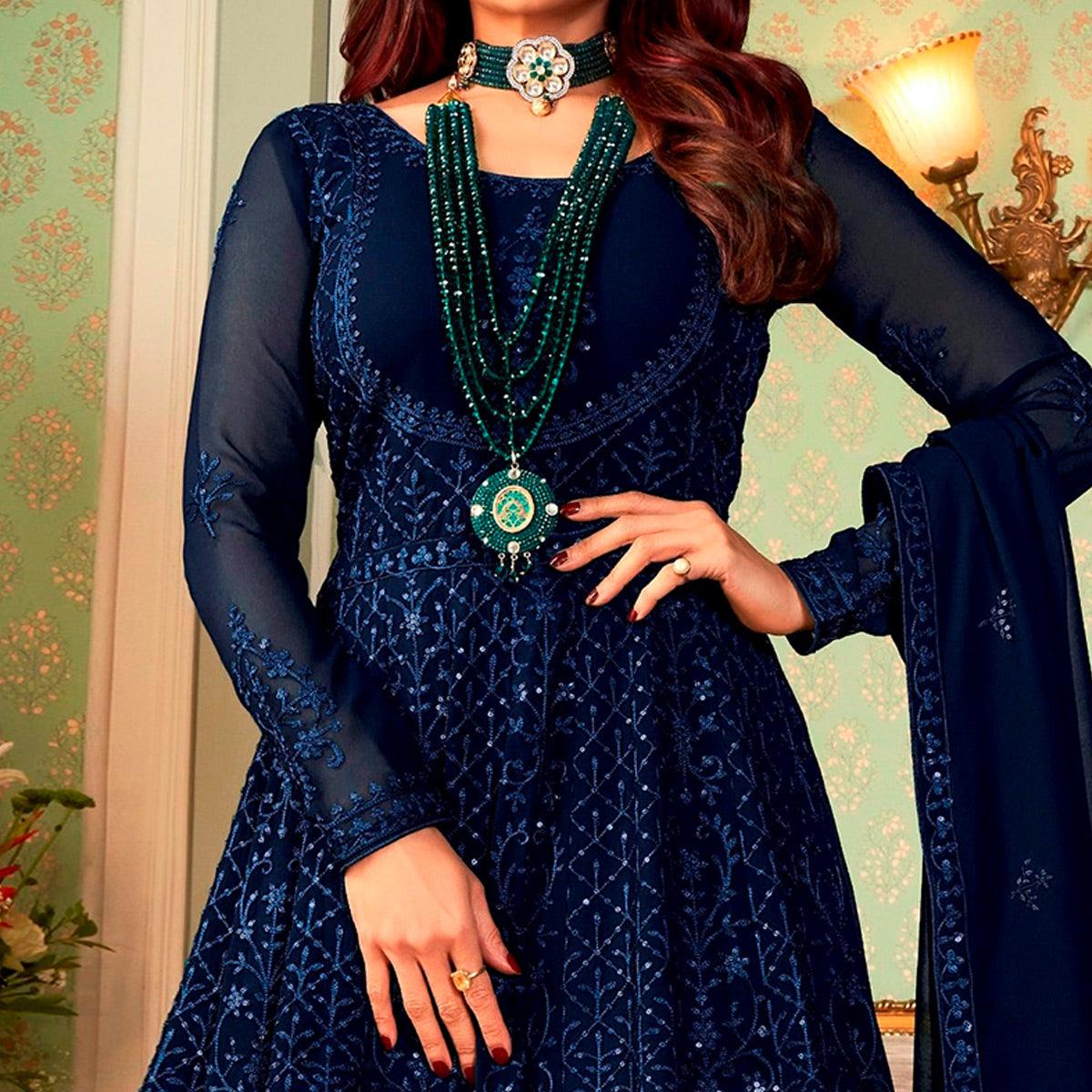 Blue Embroidered Georgette Partywear Gown - Peachmode