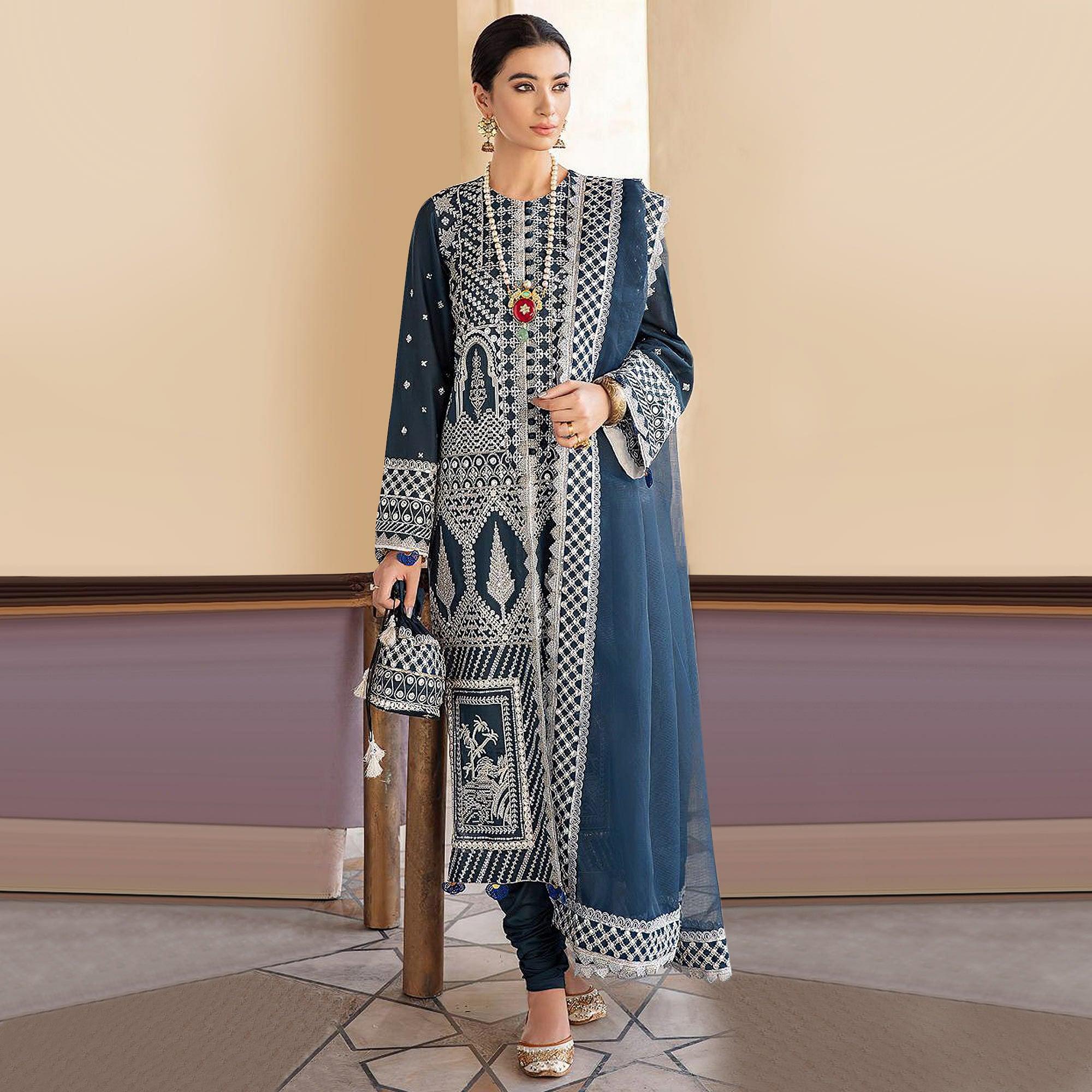 Blue Embroidered Georgette Partywear Pakistani Suit - Peachmode