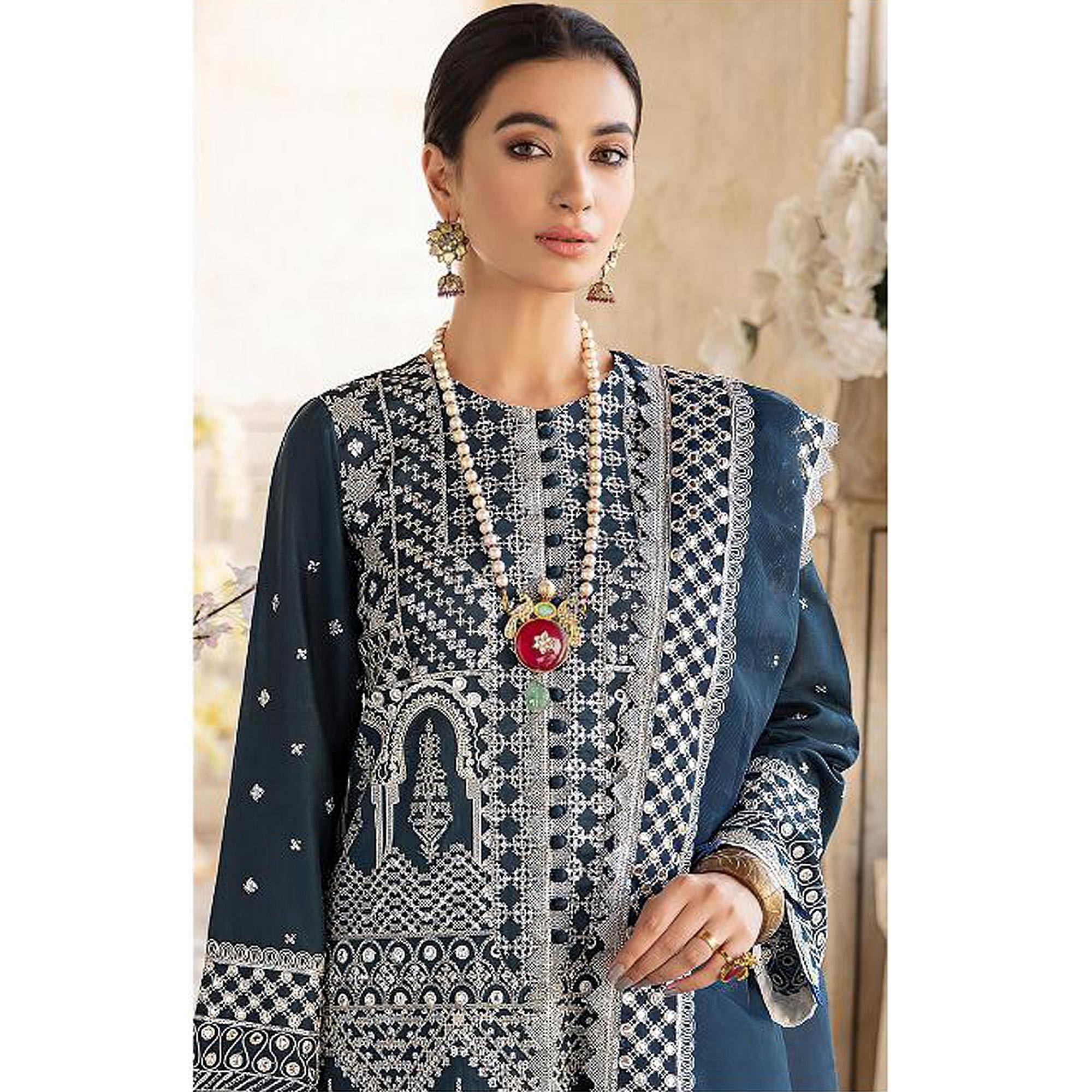 Blue Embroidered Georgette Partywear Pakistani Suit - Peachmode