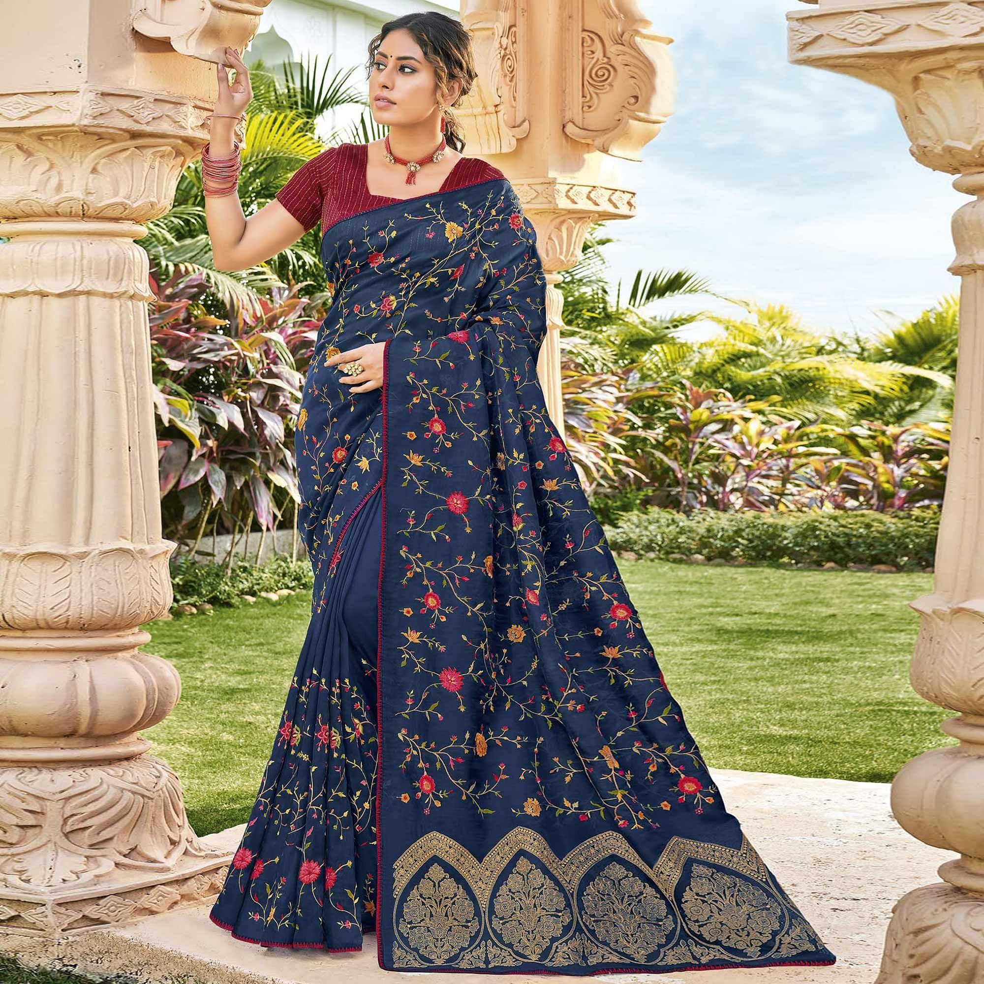 Blue Embroidered Georgette Saree - Peachmode