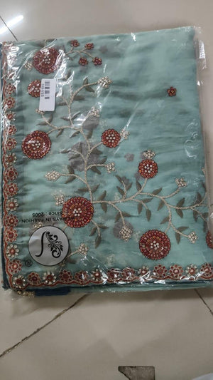 Blue Embroidered Georgette Saree - Peachmode
